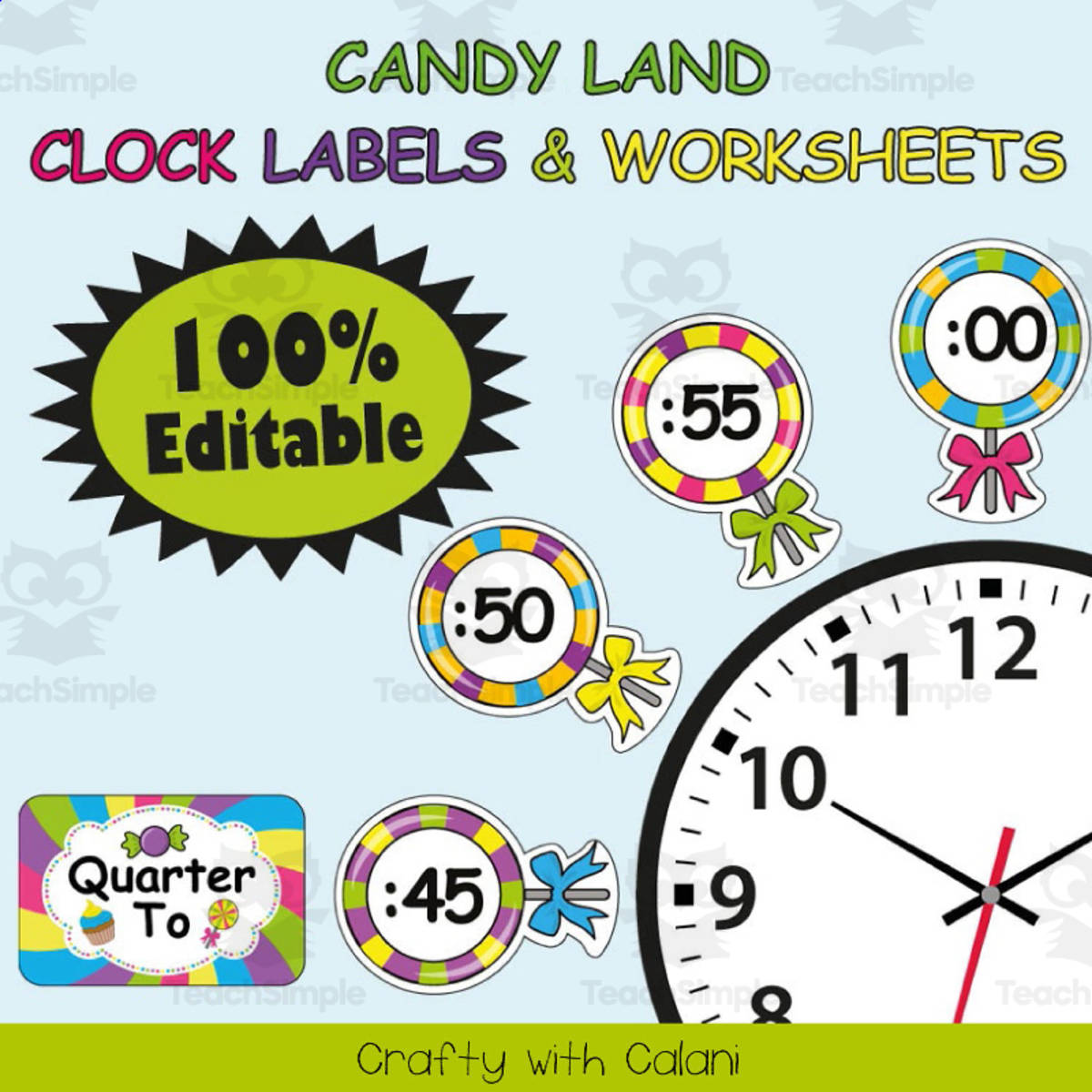 An educational teaching resource from Crafty with Calani entitled Clock Labels Decoration & Worksheets in Candy Land Theme - 100% Editable downloadable at Teach Simple.