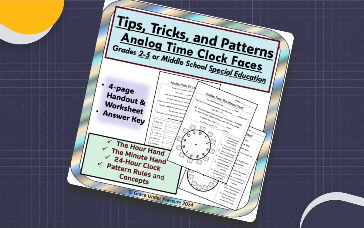 An educational teaching resource from Grace Under Pressure entitled Clock Worksheets: Analog Time Patterns, Tips, and Tricks 24-Hour Clock downloadable at Teach Simple.