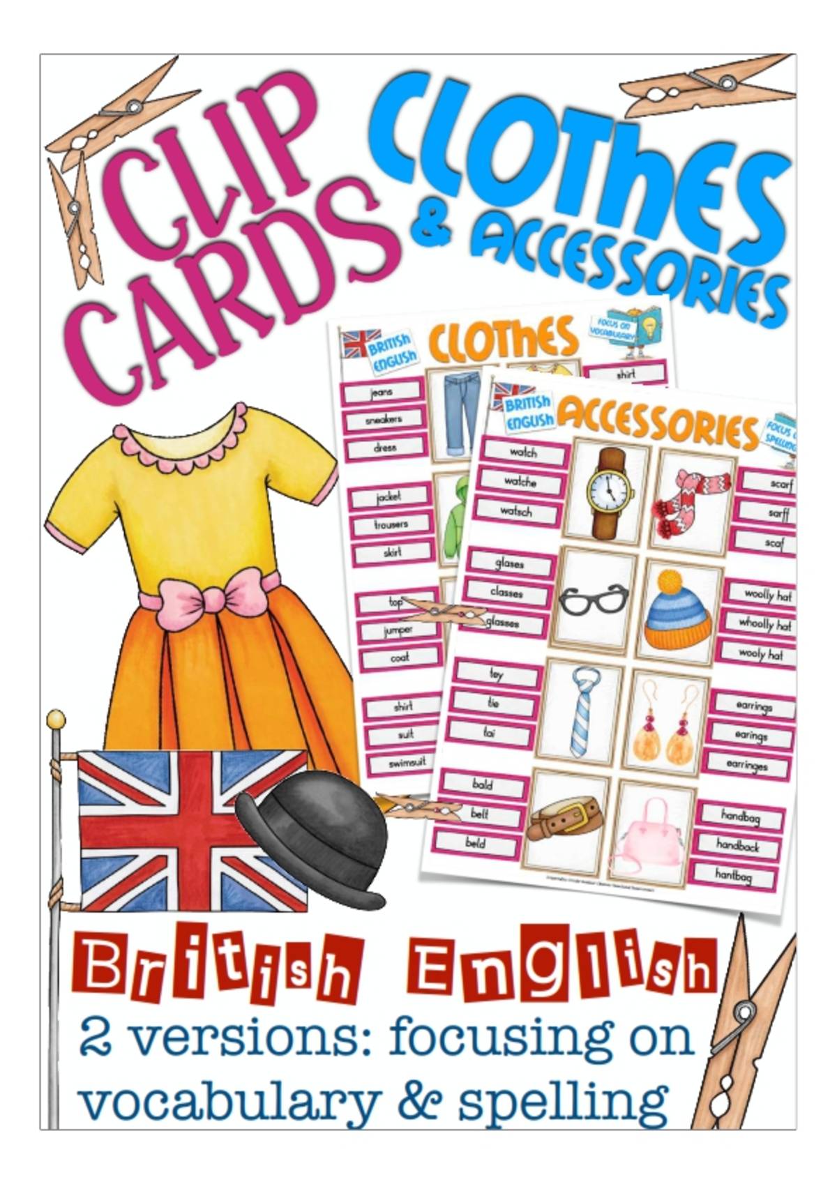 An educational teaching resource from Better Teaching Resources entitled Clothes Clip Cards in British English downloadable at Teach Simple.