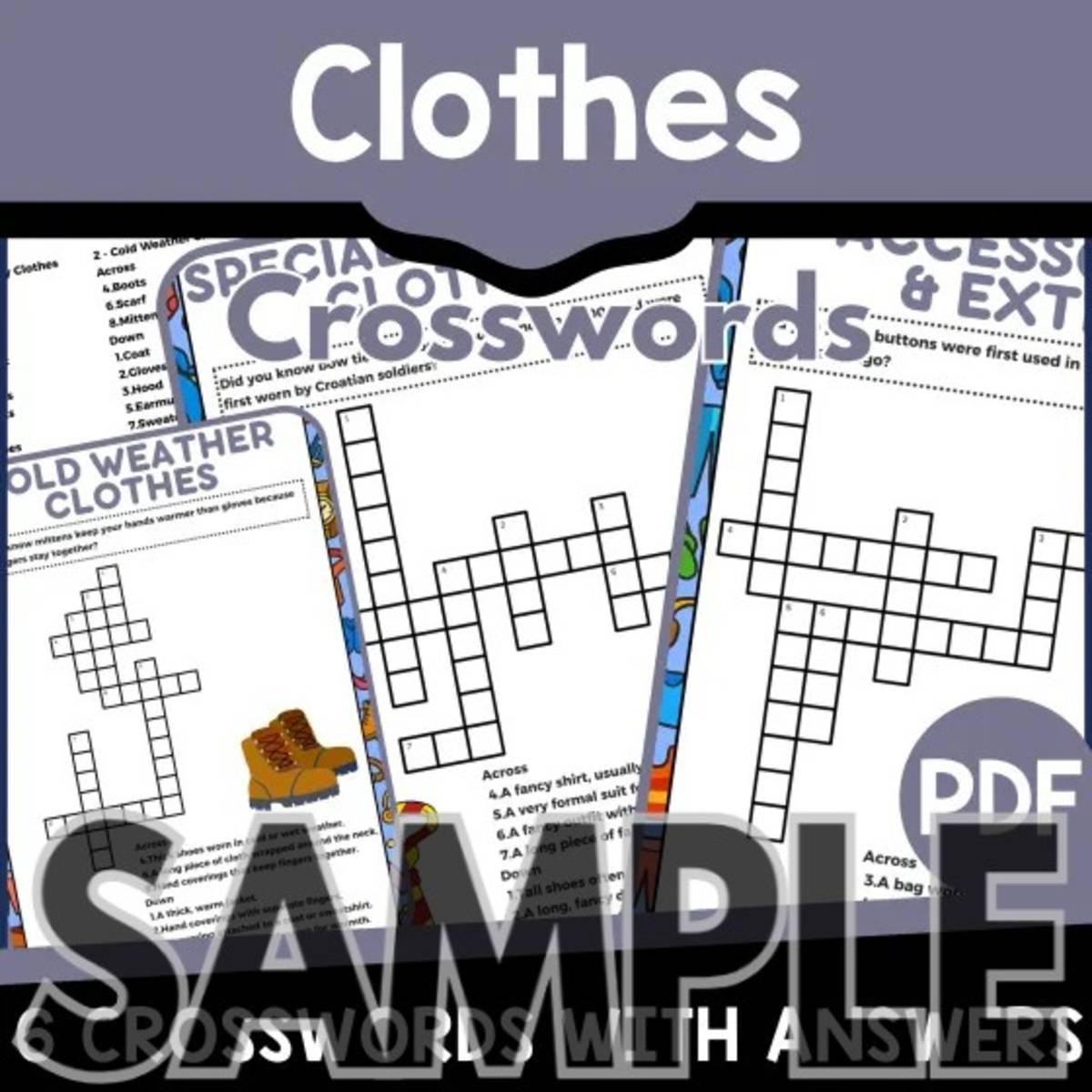 An educational teaching resource from Cored Education entitled Clothes Crossword – 1-Page Free Sample downloadable at Teach Simple.