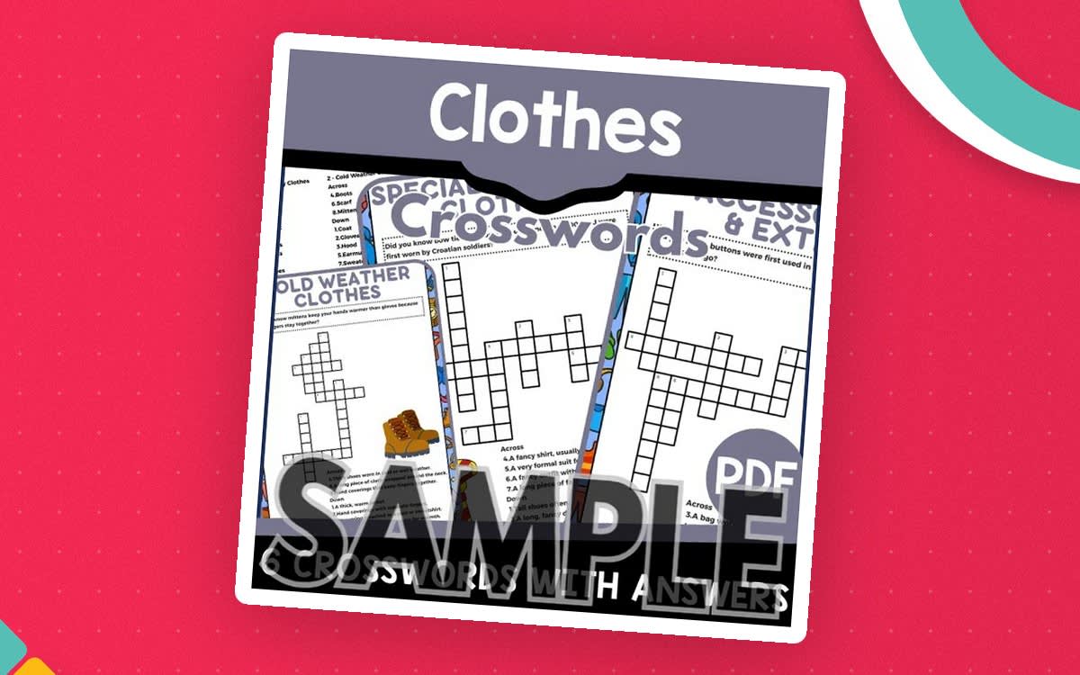 An educational teaching resource from Cored Education entitled Clothes Crossword – 1-Page Free Sample downloadable at Teach Simple.