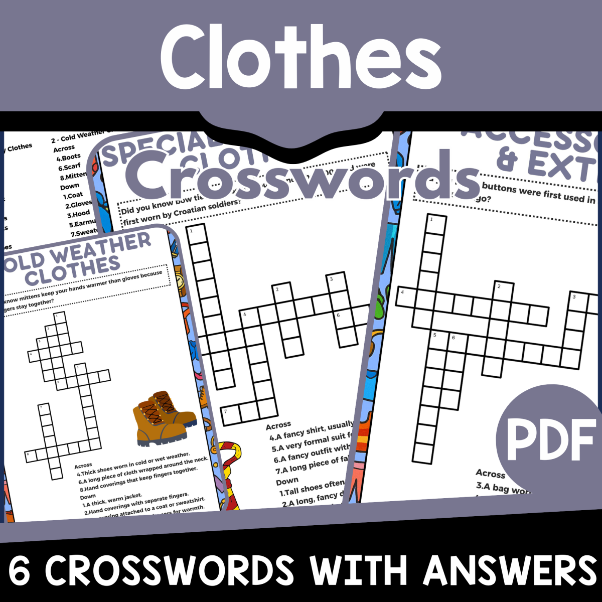 An educational teaching resource from Cored Education entitled Clothes Crosswords (PDF) downloadable at Teach Simple.