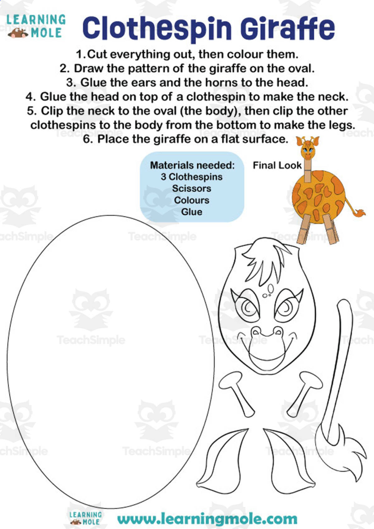 An educational teaching resource from Educational Voice entitled Clothespin Giraffe Activity downloadable at Teach Simple.