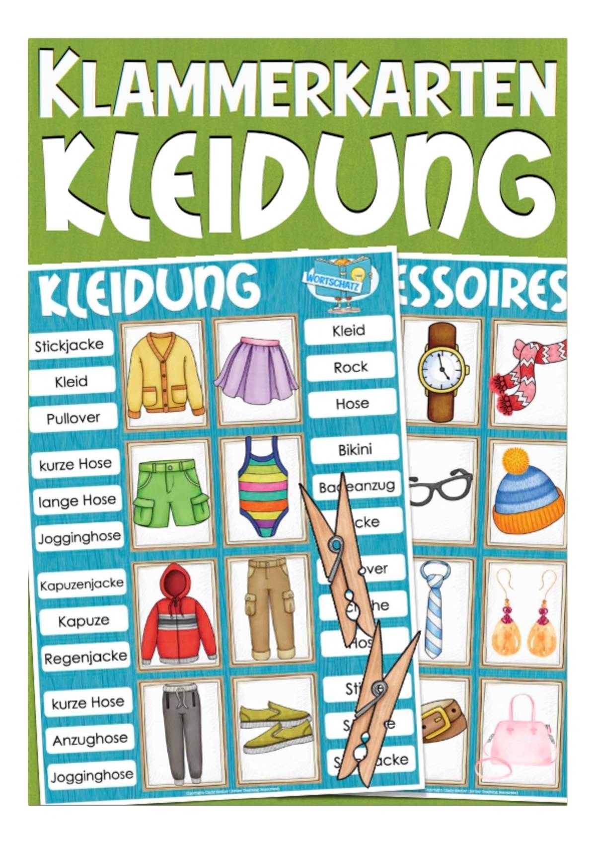 An educational teaching resource from Better Teaching Resources entitled Clothing Clip Cards for Practicing Spelling & Vocabulary (German) downloadable at Teach Simple.