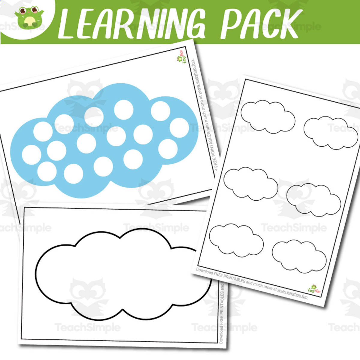An educational teaching resource from EasyHop entitled Cloud Activity Set Coloring, Templates, Tracing & Dot-to-Dot for Pre-K downloadable at Teach Simple.