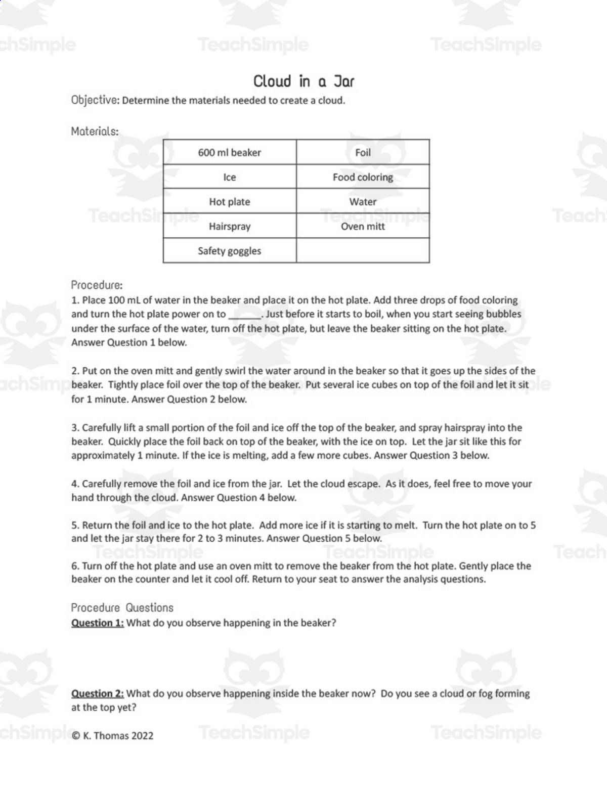 An educational teaching resource from Maude in the Middle entitled Cloud in a Jar Science Lab downloadable at Teach Simple.
