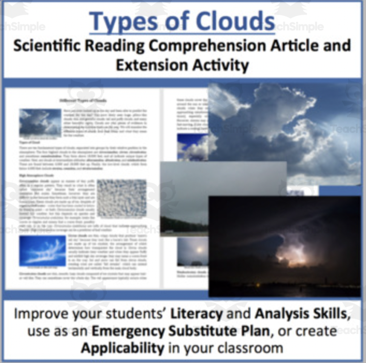 An educational teaching resource from Teach With Fergy entitled Cloud Types Reading Comprehension Article downloadable at Teach Simple.