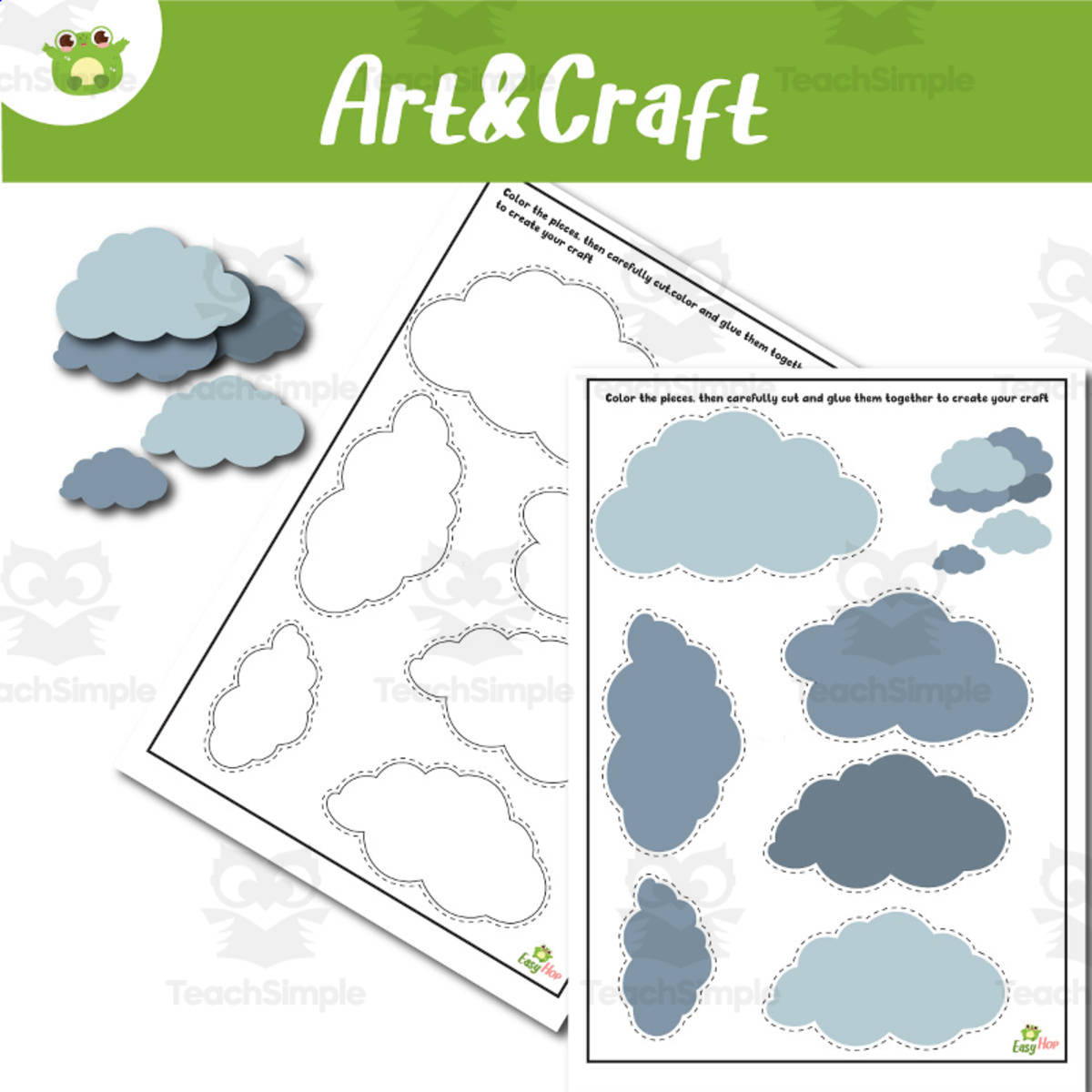 An educational teaching resource from EasyHop entitled Clouds Art & Craft Printable – Cut, Color, and Build Activity | Weathe downloadable at Teach Simple.