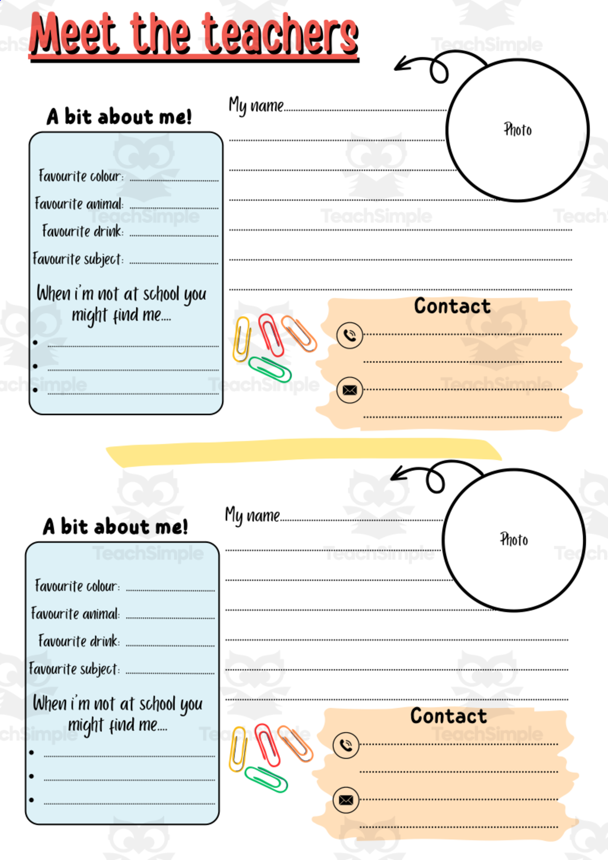 An educational teaching resource from Educa Mirth entitled Co-teaching - Meet the Teacher Template / Back to School / First Day downloadable at Teach Simple.