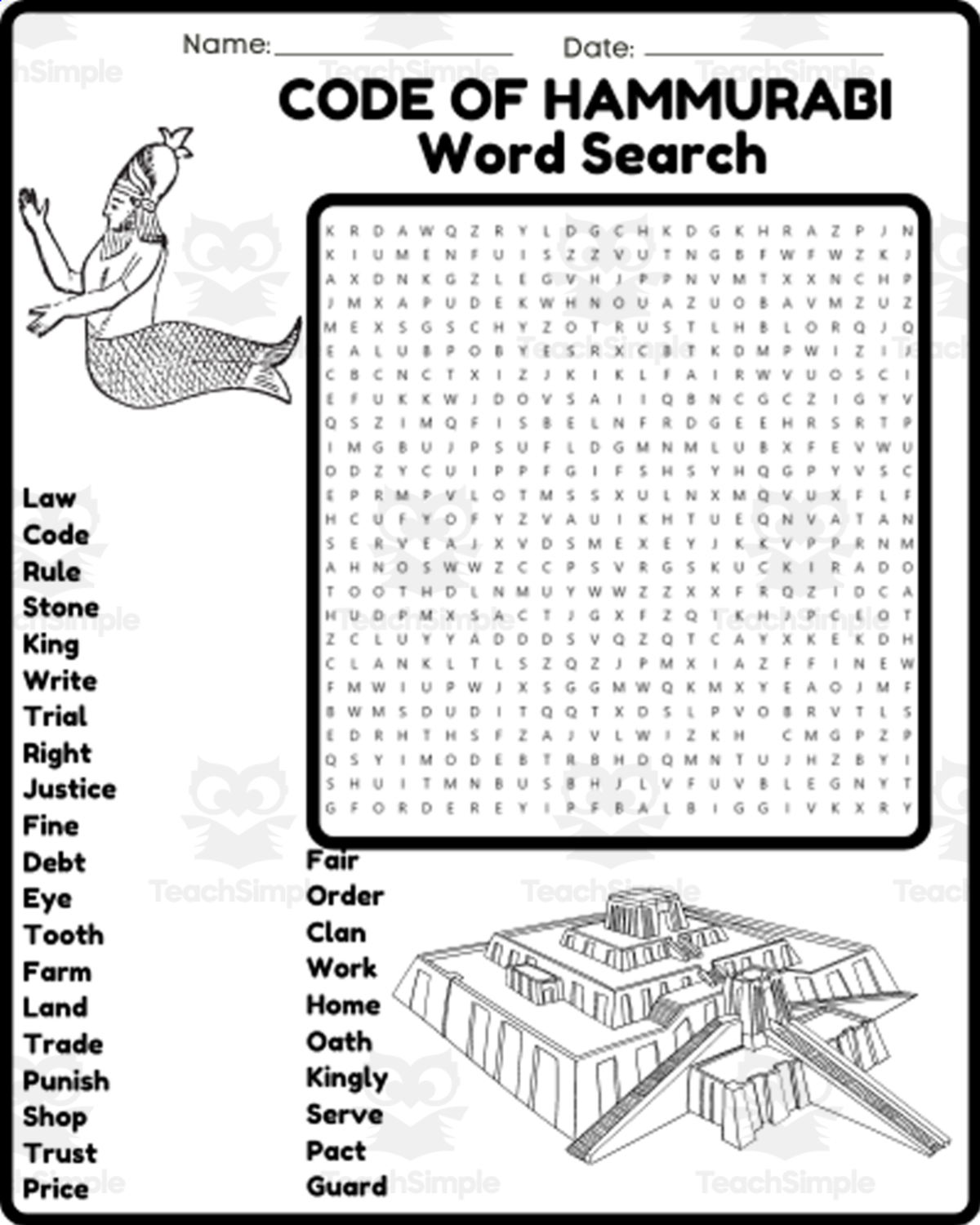 An educational teaching resource from space shope entitled CODE OF HAMMURABI Word Search Puzzle Worksheet Activity - Cuneiform Wr downloadable at Teach Simple.