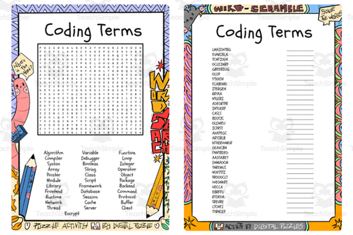 An educational teaching resource from Lapiiin Art Activities entitled Coding Terms word search & scramble downloadable at Teach Simple.
