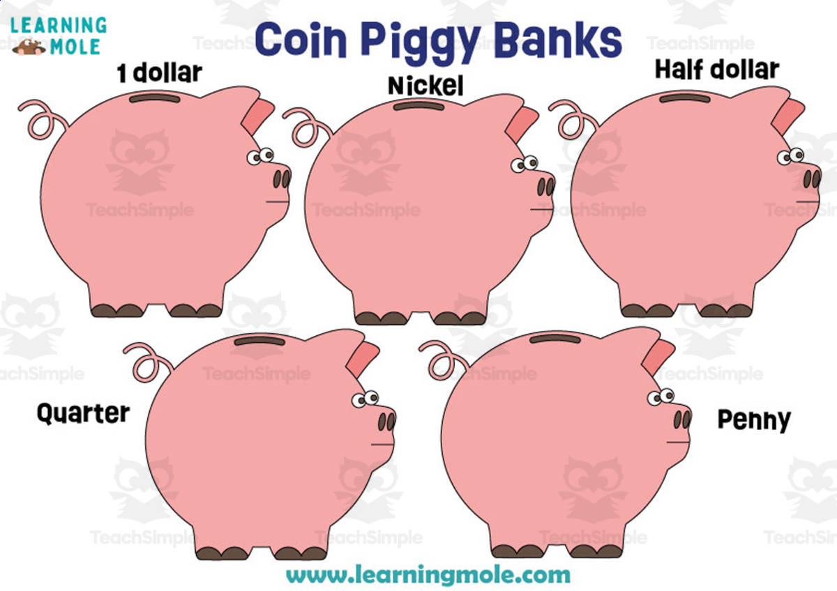 An educational teaching resource from Educational Voice entitled Coin Piggy Banks: American Currency Activity downloadable at Teach Simple.