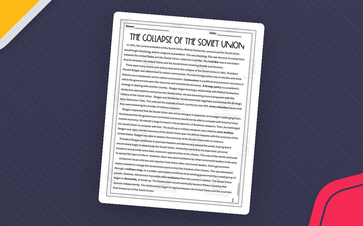 An educational teaching resource from Sarah Miller Tech entitled Collapse of the Soviet Union Reading Packet downloadable at Teach Simple.