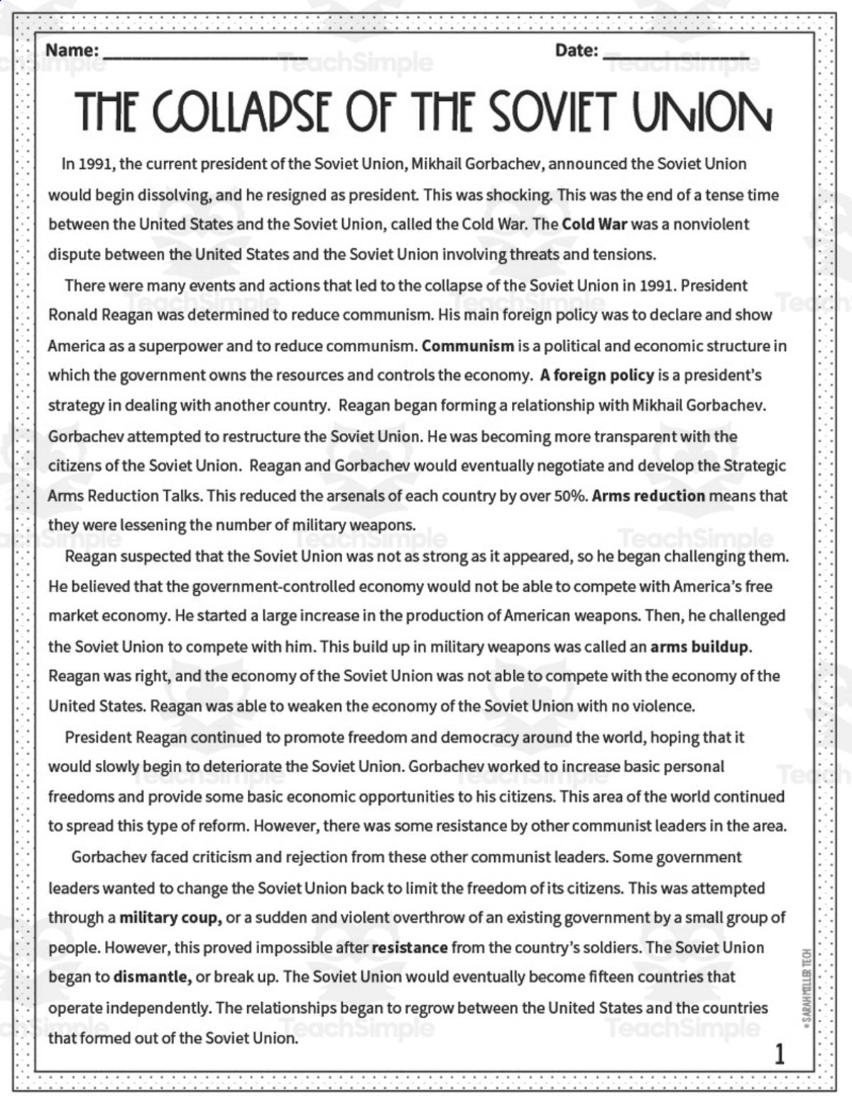 An educational teaching resource from Sarah Miller Tech entitled Collapse of the Soviet Union Reading Packet downloadable at Teach Simple.