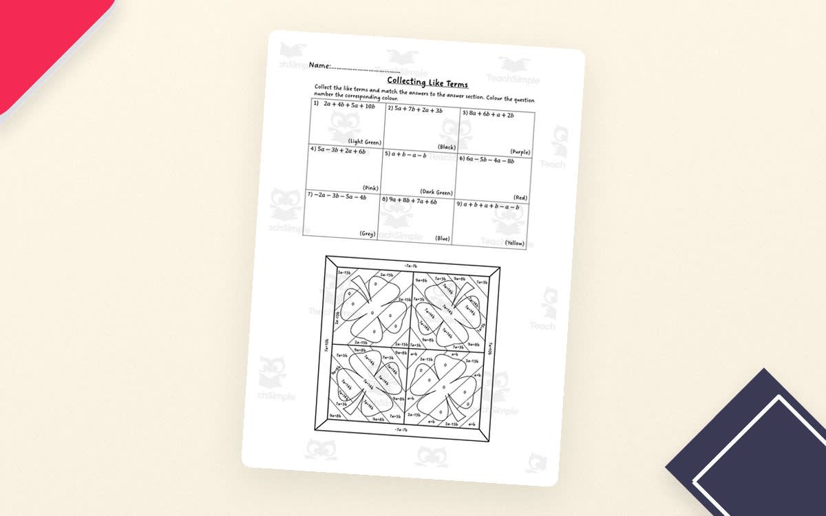 An educational teaching resource from Mrs. B Secondary Math entitled Collecting Like Terms Color by Number Activity downloadable at Teach Simple.