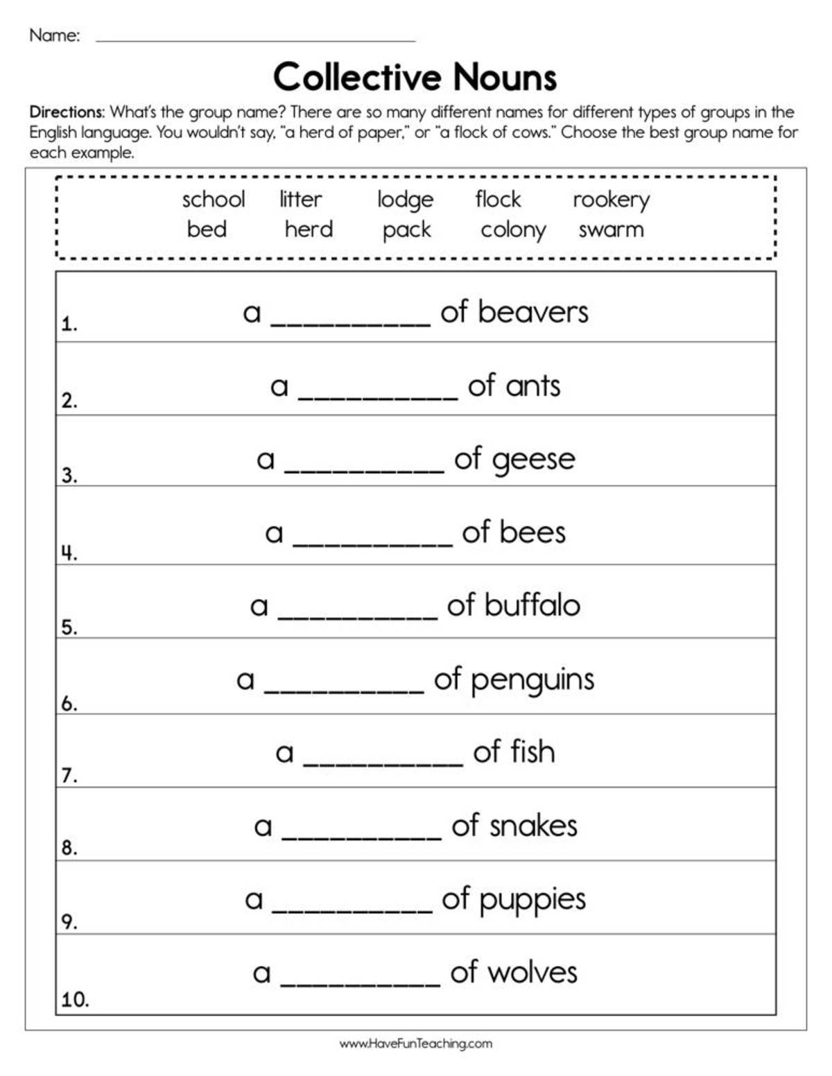 An educational teaching resource from Have Fun Teaching entitled Collective Nouns Worksheet downloadable at Teach Simple.