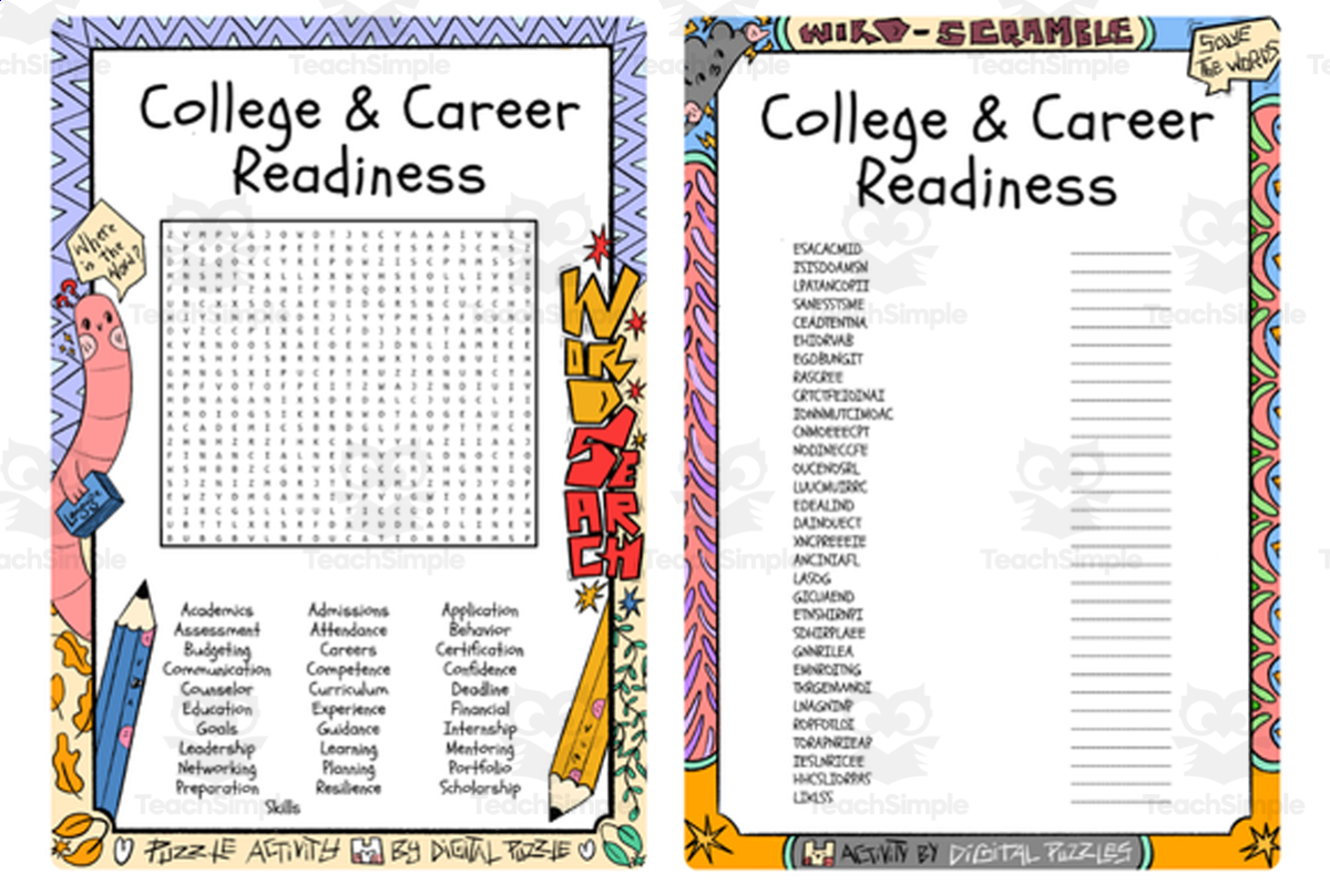 An educational teaching resource from Lapiiin Art Activities entitled College & Career Readiness word search and word scramble downloadable at Teach Simple.
