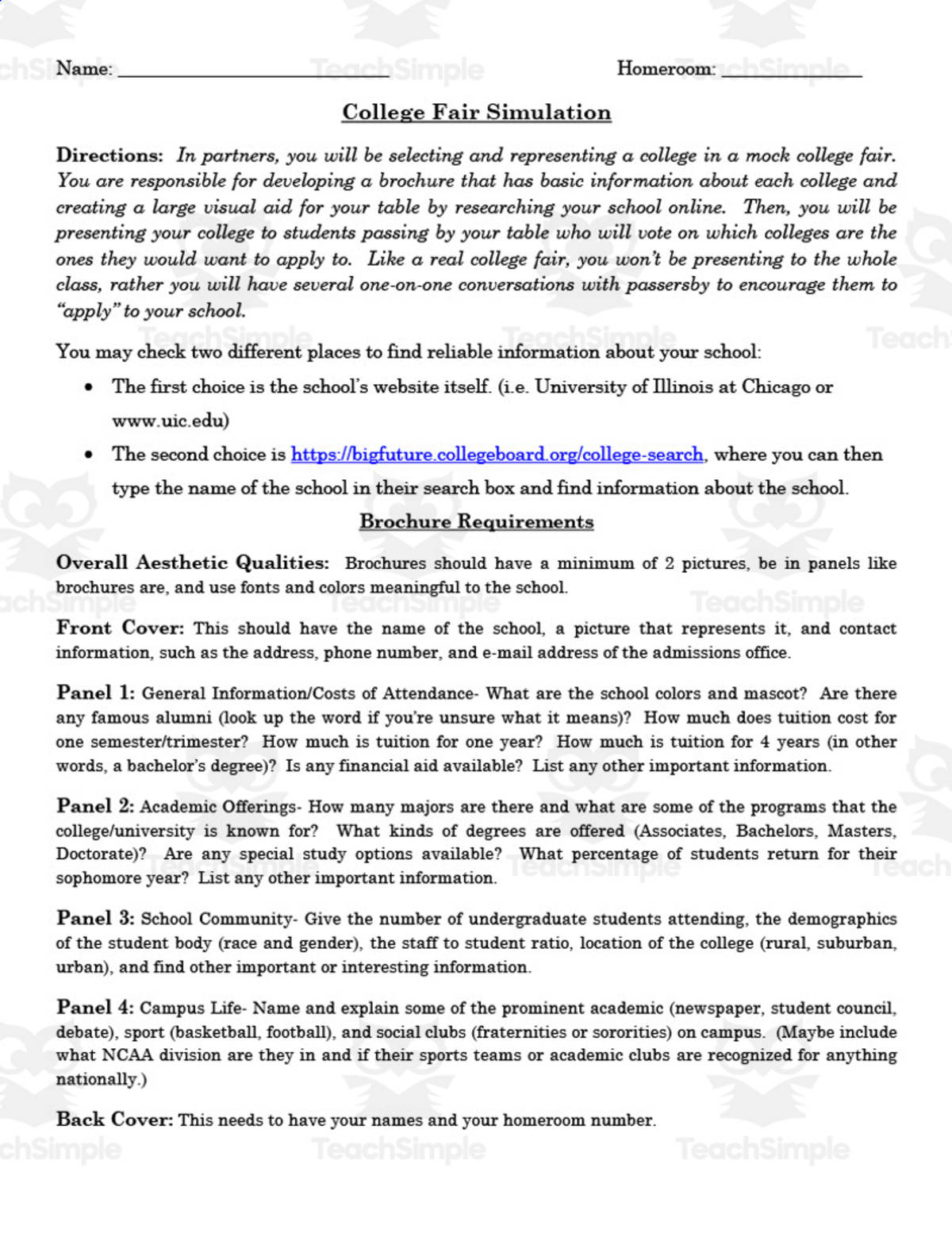 An educational teaching resource from ELA Resources entitled College Fair Research Project downloadable at Teach Simple.