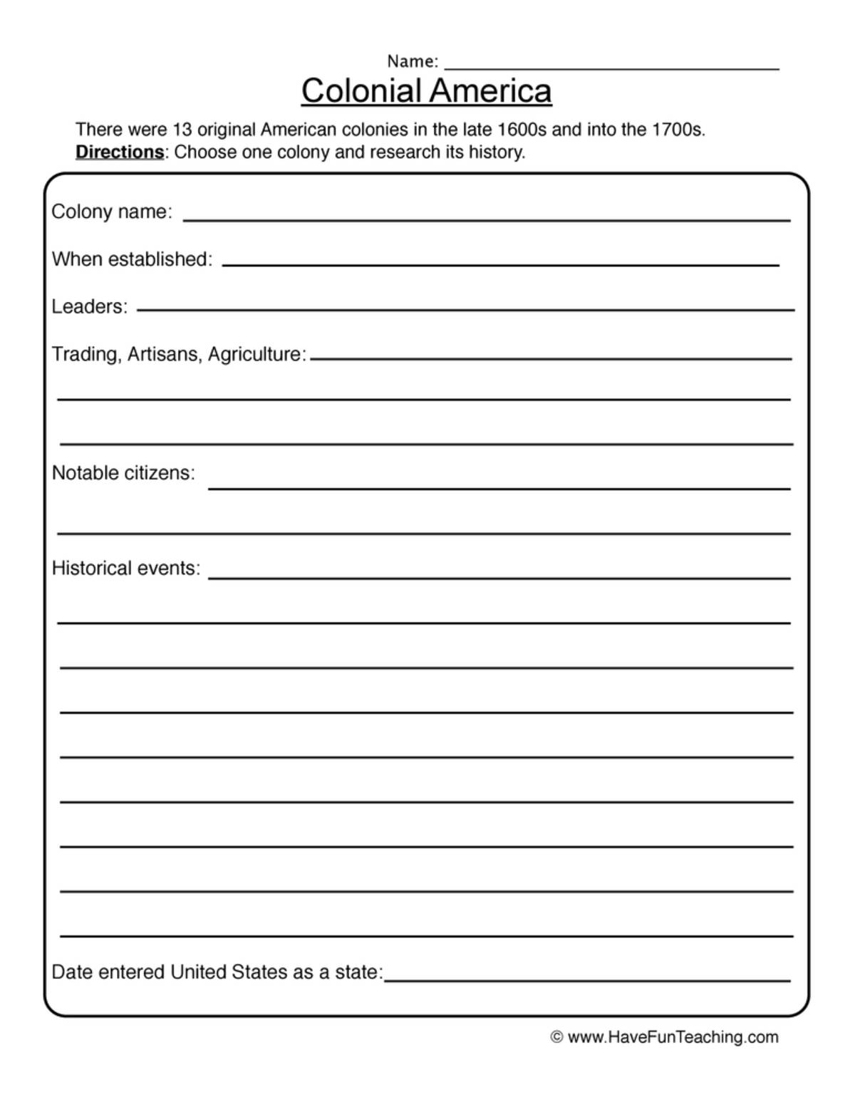 An educational teaching resource from Have Fun Teaching entitled Colonial America Worksheet downloadable at Teach Simple.