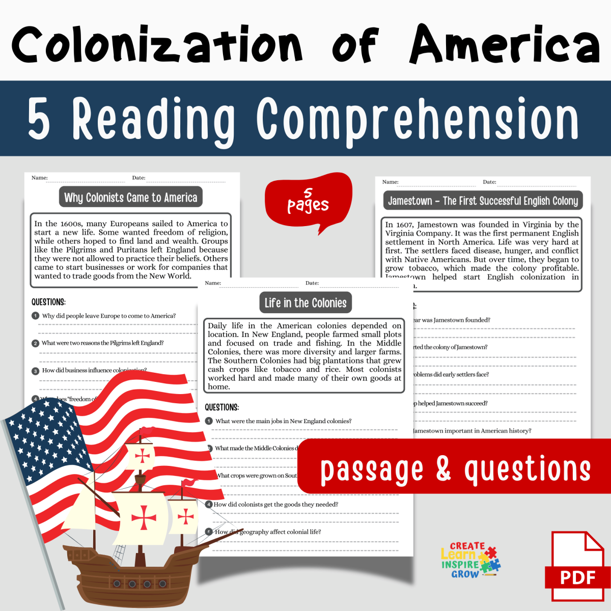 An educational teaching resource from Sadigitalart entitled Colonization of America Reading Passages & Questions Worksheet U.S. Hi downloadable at Teach Simple.