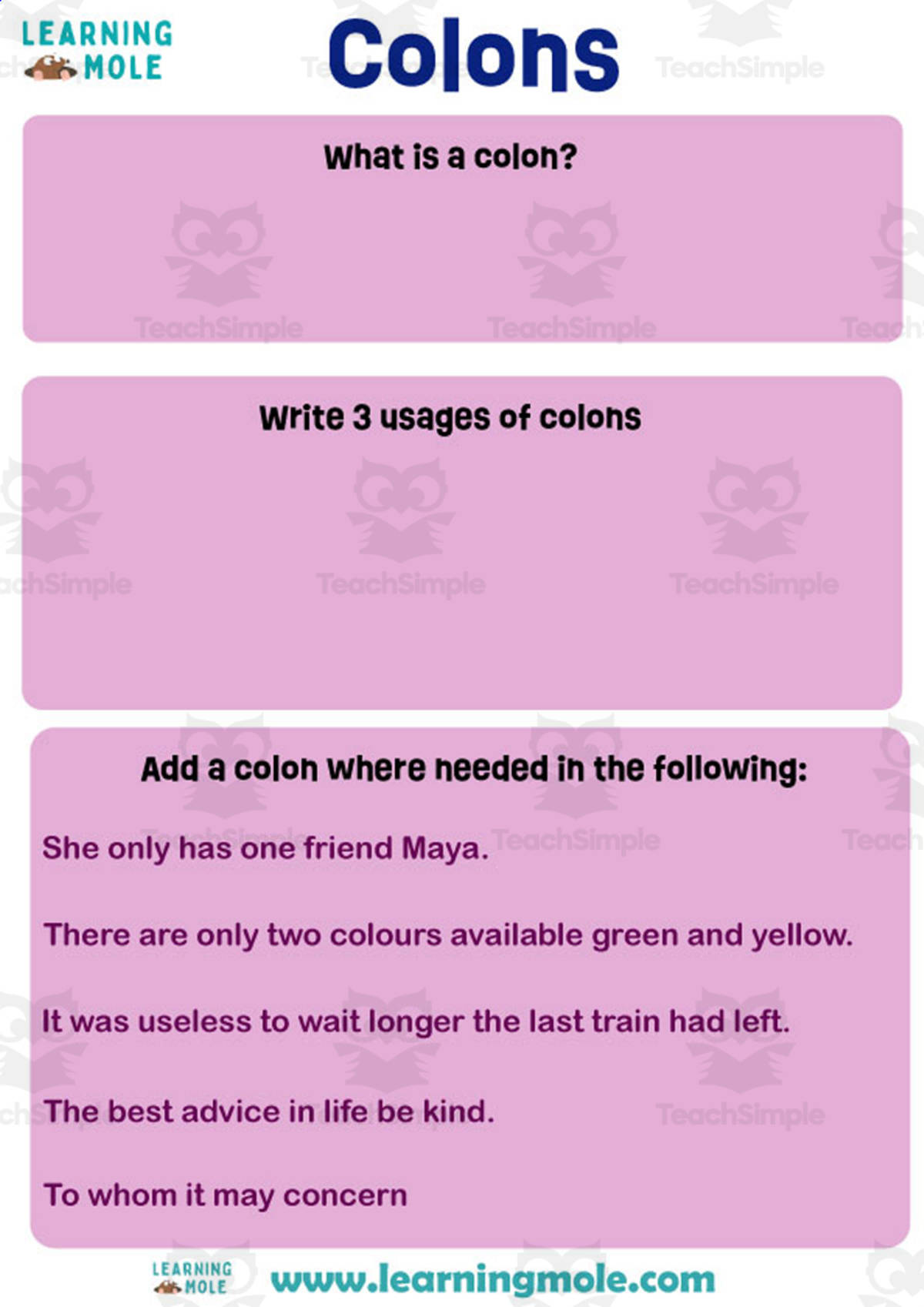 An educational teaching resource from Educational Voice entitled Colons Activity downloadable at Teach Simple.