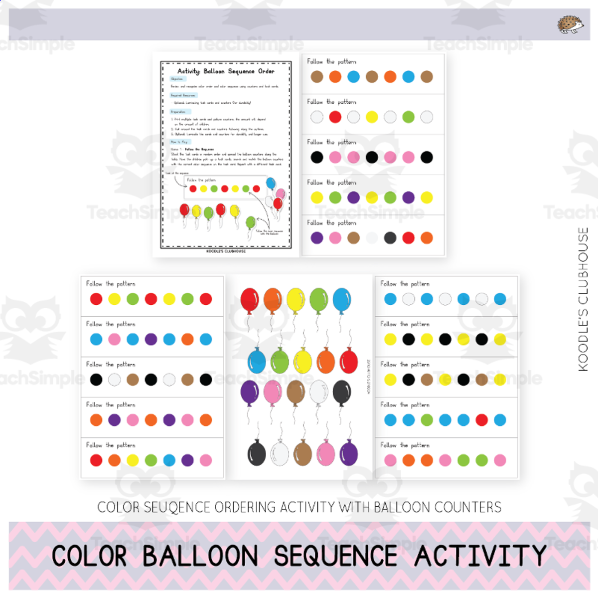 An educational teaching resource from Koodles Clubhouse entitled Color Balloon Sequence – Pattern Recognition Activity downloadable at Teach Simple.