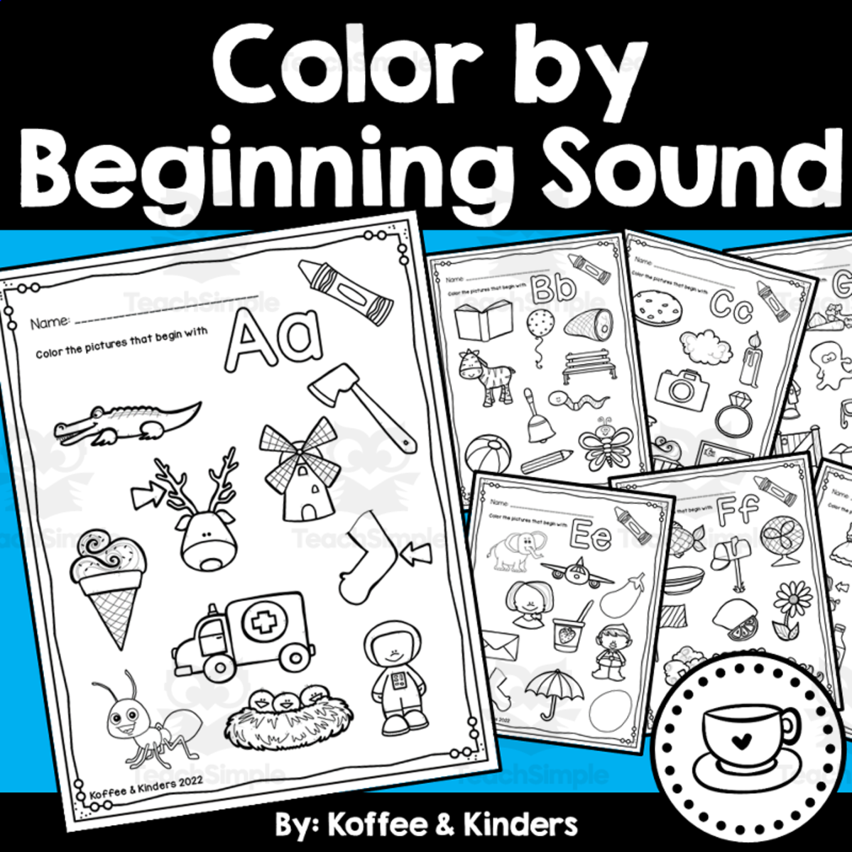 An educational teaching resource from Koffee and Kinders entitled Color by Beginning Sound downloadable at Teach Simple.