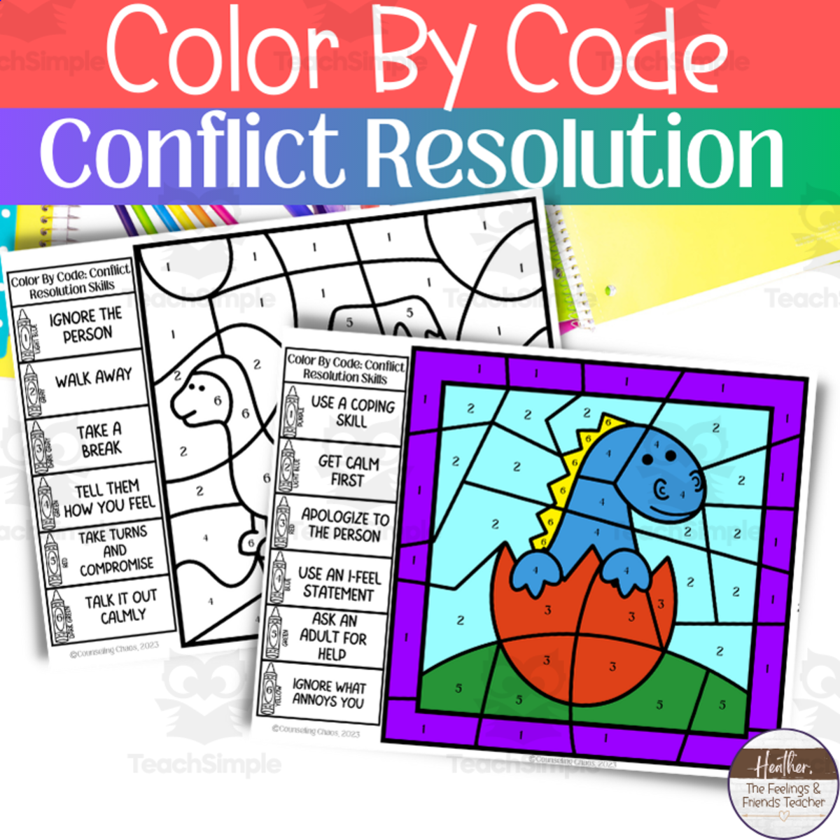 An educational teaching resource from The Feelings and Friends Teacher entitled Color By Code | Conflict Resolution Color By Number Activity Pack downloadable at Teach Simple.