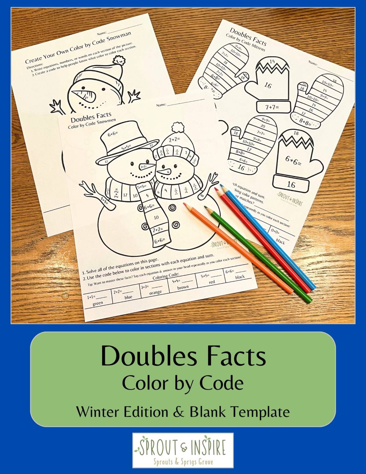 An educational teaching resource from Sprout & Inspire entitled Color by Code Doubles Facts: Winter Edition downloadable at Teach Simple.