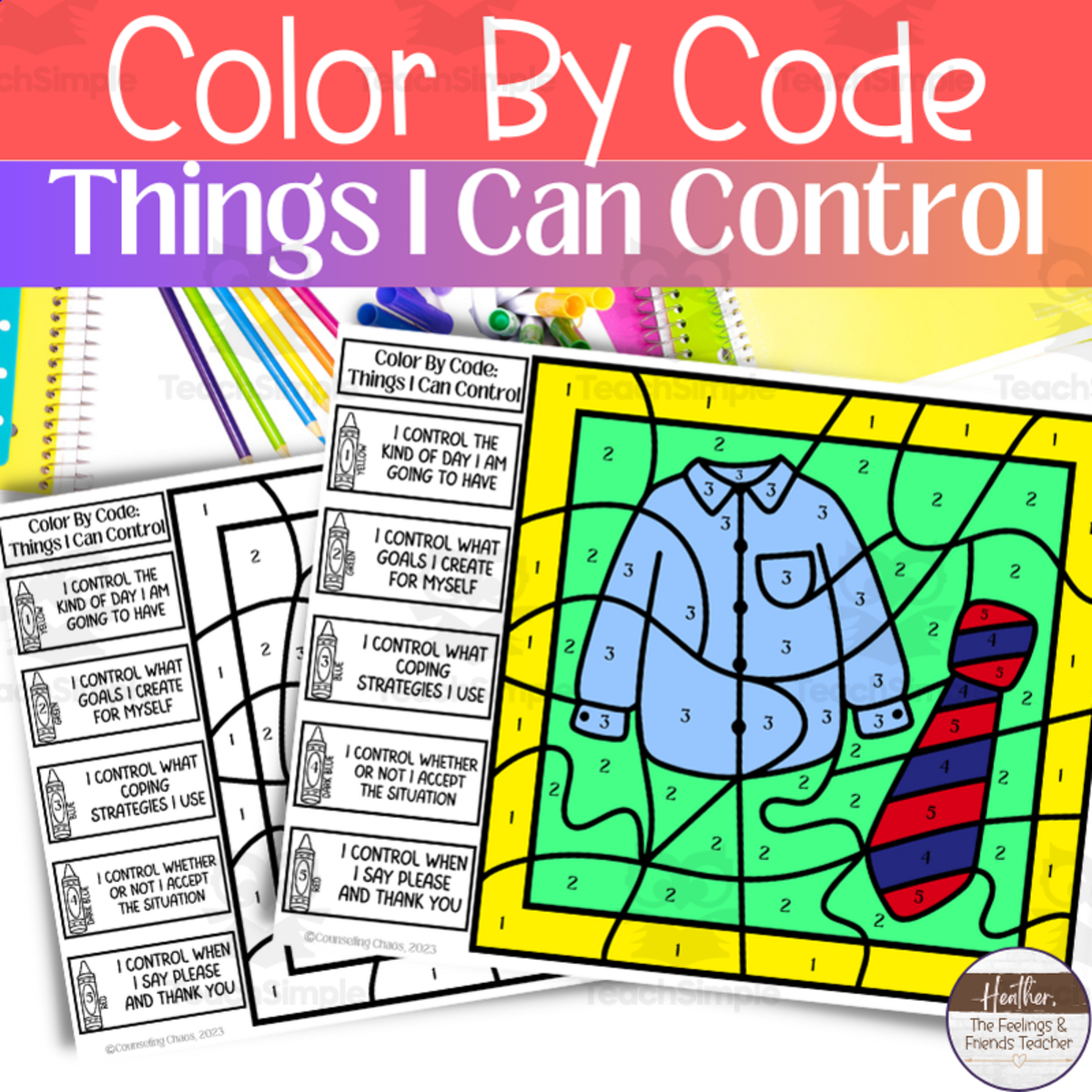 An educational teaching resource from The Feelings and Friends Teacher entitled Color By Code: Things I Can Control Activity Pack downloadable at Teach Simple.