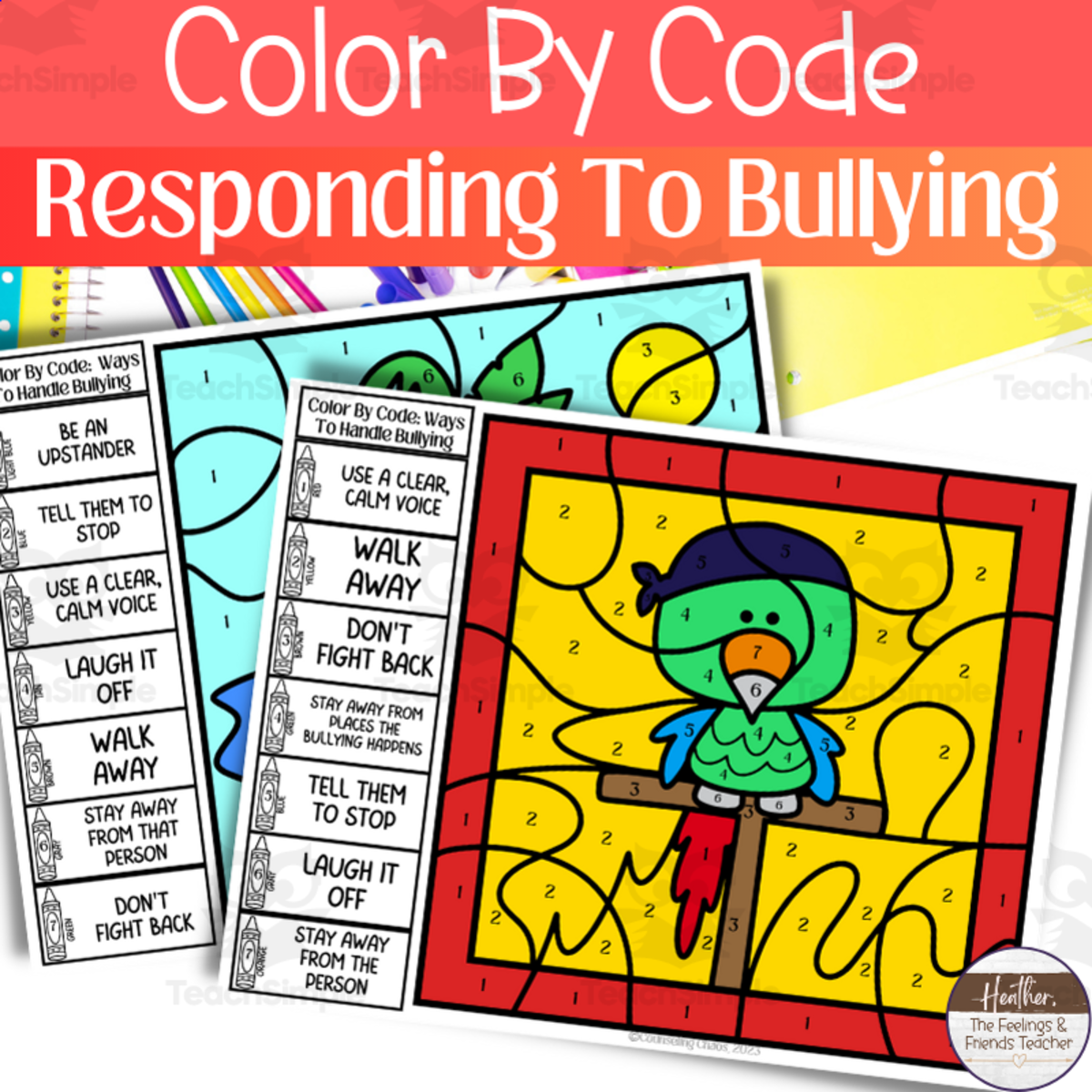 An educational teaching resource from The Feelings and Friends Teacher entitled Color By Code | Ways To Handle Bullying Color By Number Activity Pack downloadable at Teach Simple.