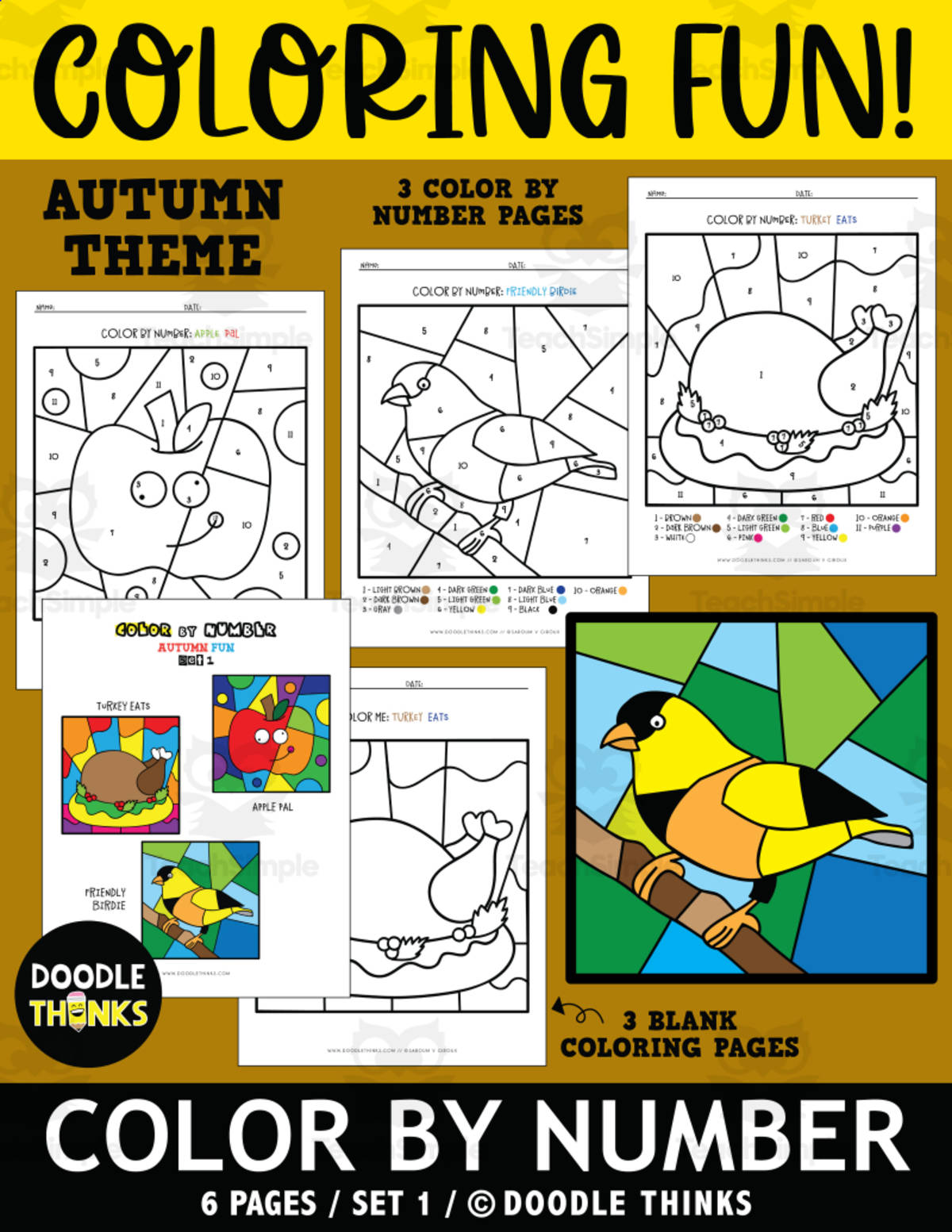 An educational teaching resource from Doodle Thinks entitled Color By Number Autumn Coloring Activities downloadable at Teach Simple.