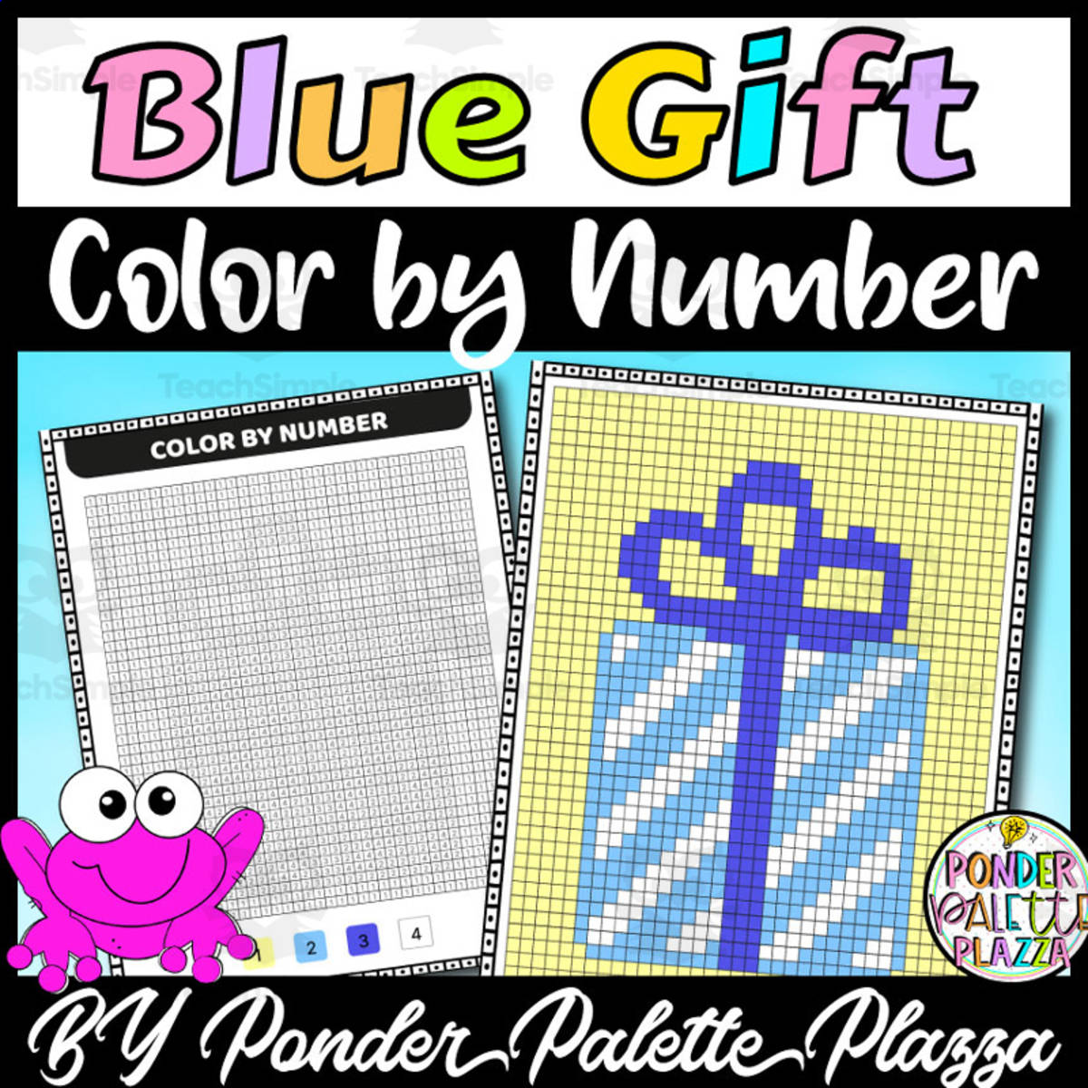 An educational teaching resource from Ponder Palette Plazza entitled Color By Number: Blue Gift - Coloring Activity downloadable at Teach Simple.