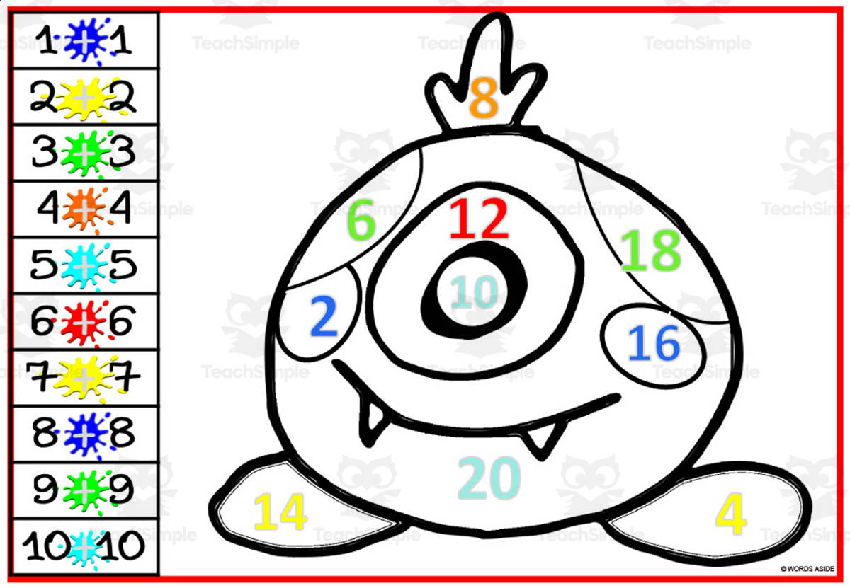 An educational teaching resource from WORDS ASIDE entitled Color by Number: Monster Addition Doubles Fact Set 1 downloadable at Teach Simple.