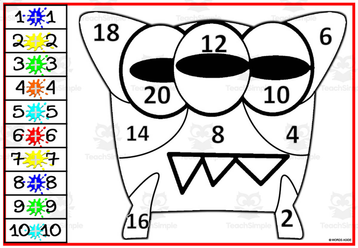 An educational teaching resource from WORDS ASIDE entitled Color by Number: Monster Addition Doubles Fact Set 3 downloadable at Teach Simple.