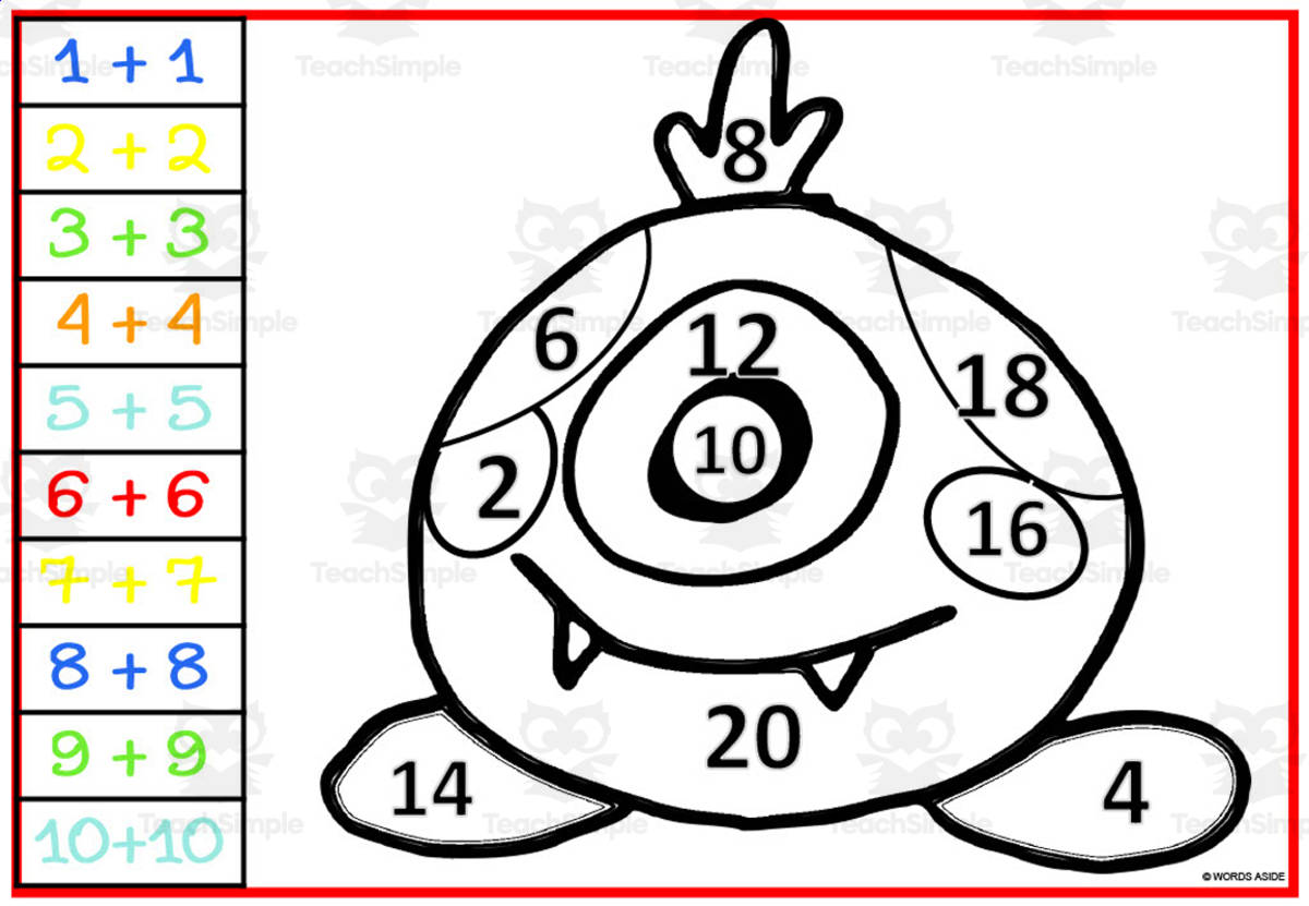 An educational teaching resource from WORDS ASIDE entitled Color by Number: Monster Addition Doubles Facts Set 4 downloadable at Teach Simple.