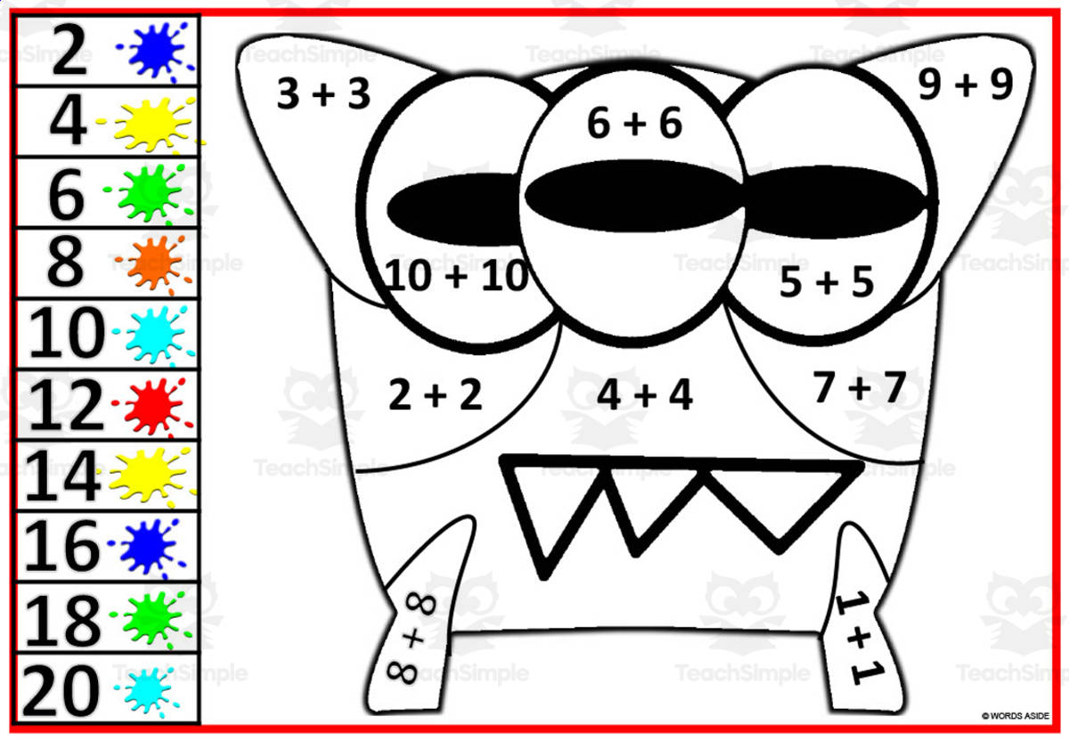 An educational teaching resource from WORDS ASIDE entitled Color by Number: Monster Addition Doubles Facts Set 6 downloadable at Teach Simple.