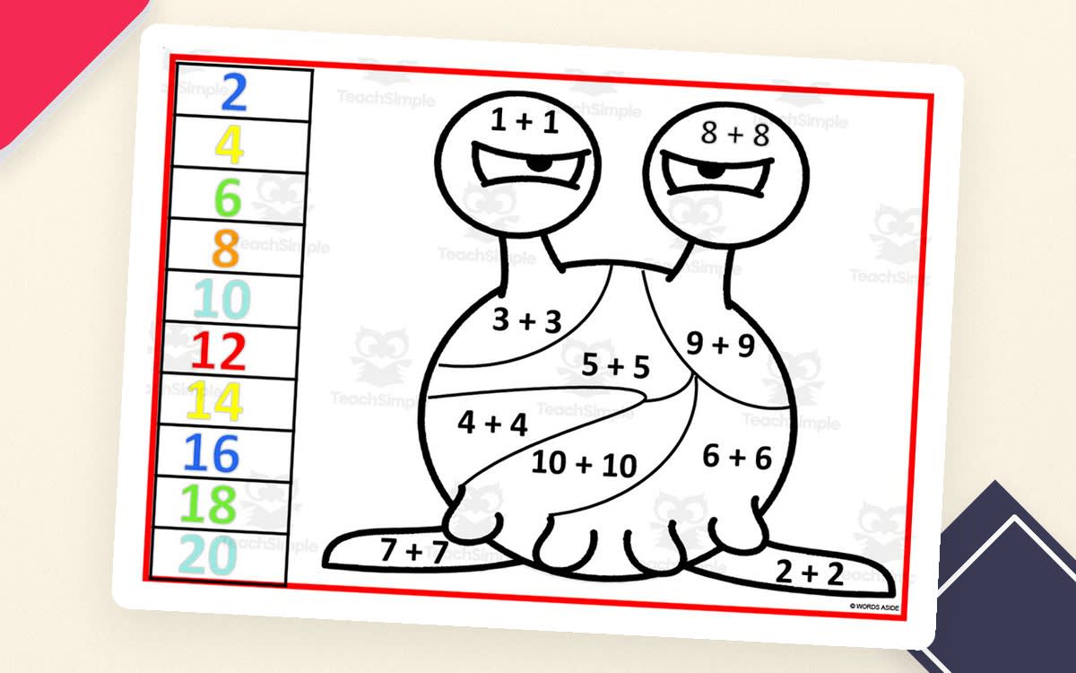 An educational teaching resource from WORDS ASIDE entitled Monster Addition Doubles Facts – Colour by Number downloadable at Teach Simple.