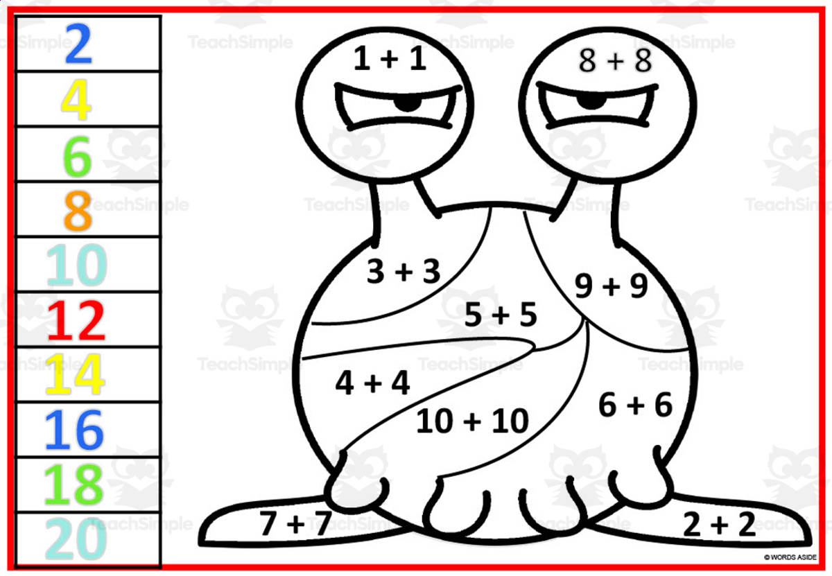 An educational teaching resource from WORDS ASIDE entitled Monster Addition Doubles Facts – Color by Number downloadable at Teach Simple.