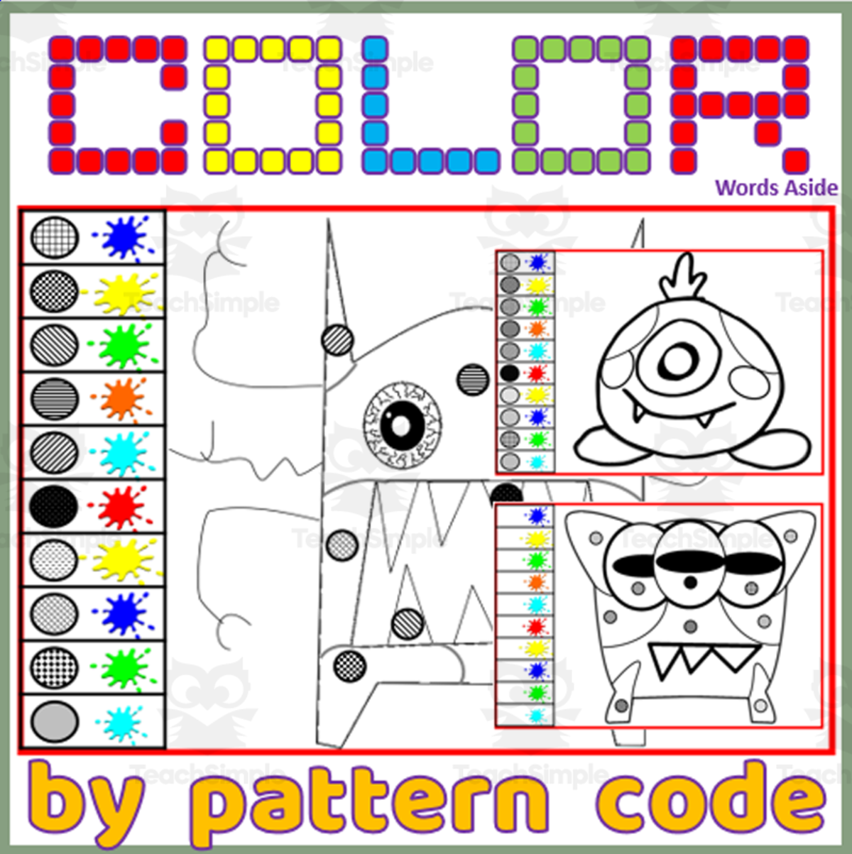 An educational teaching resource from WORDS ASIDE entitled Color by Pattern Code | MONSTERS downloadable at Teach Simple.