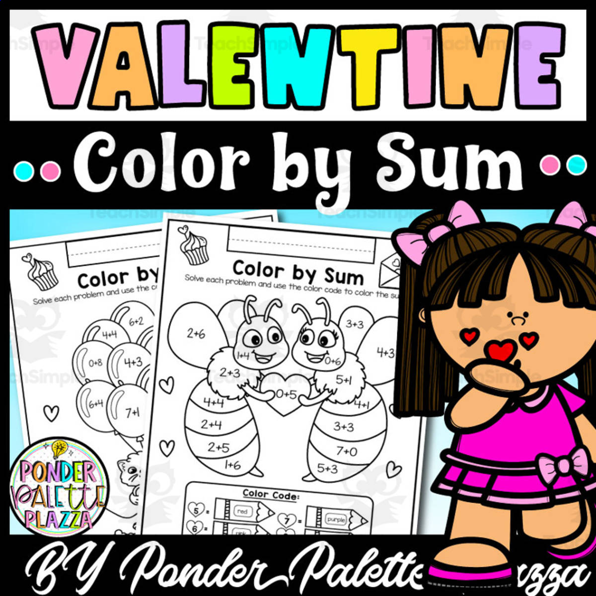 An educational teaching resource from Ponder Palette Plazza entitled Color By Sum - Valentine's Day Activities downloadable at Teach Simple.