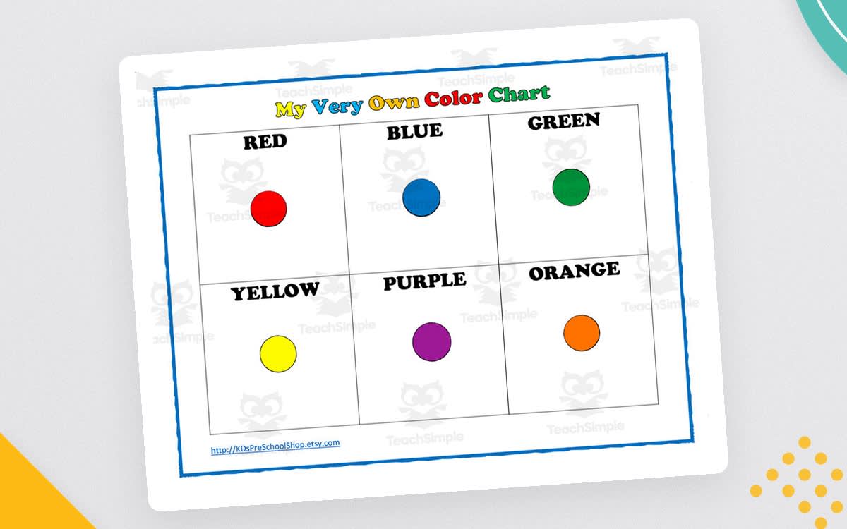 An educational teaching resource from KD's Kids School Shop entitled Colour Chart – Printable Reference for Young Learners downloadable at Teach Simple.