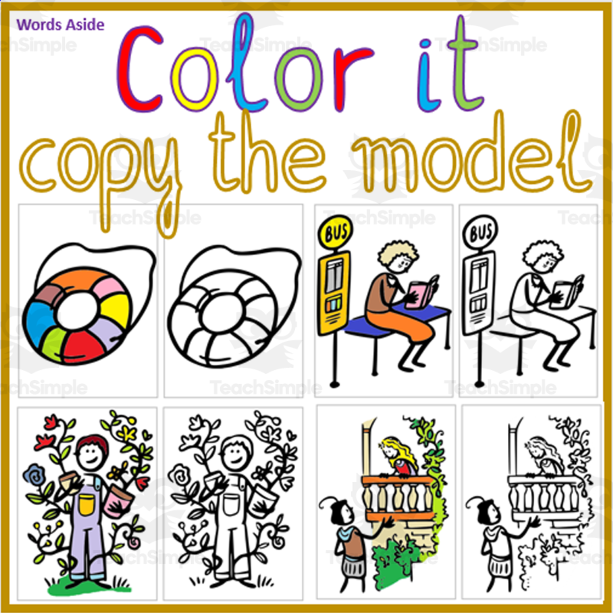 An educational teaching resource from WORDS ASIDE entitled Color it Copy the Model Worksheets downloadable at Teach Simple.