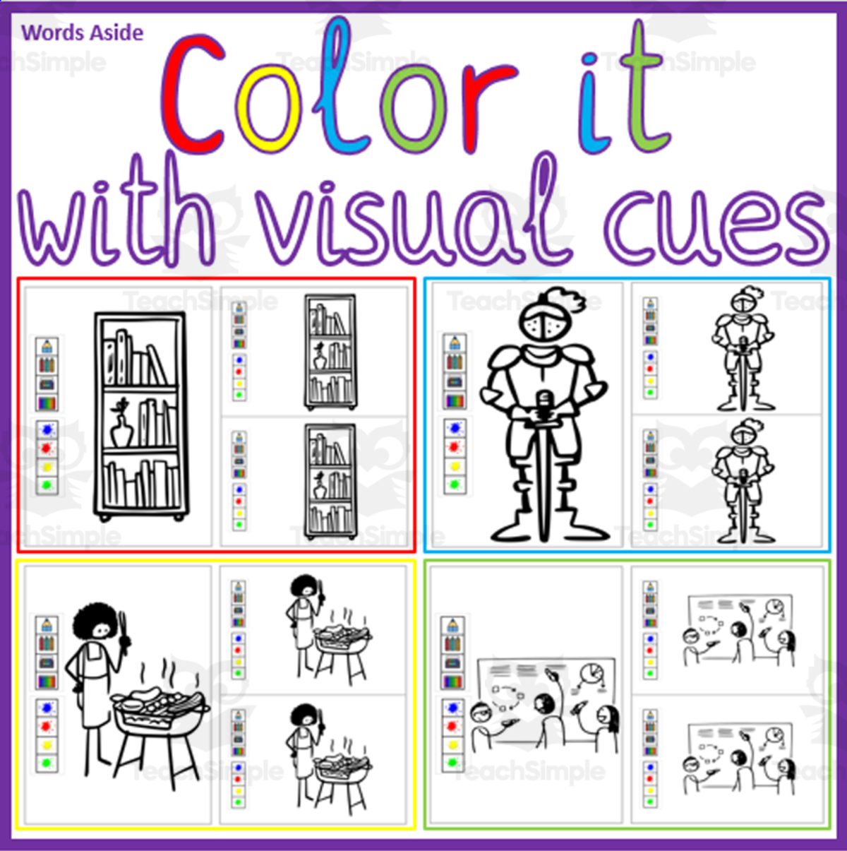 An educational teaching resource from WORDS ASIDE entitled Color it with Visual Cues Worksheets downloadable at Teach Simple.