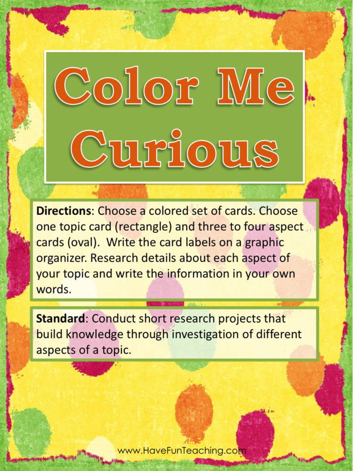 An educational teaching resource from Have Fun Teaching entitled Color Me Curious Research Writing Activity downloadable at Teach Simple.