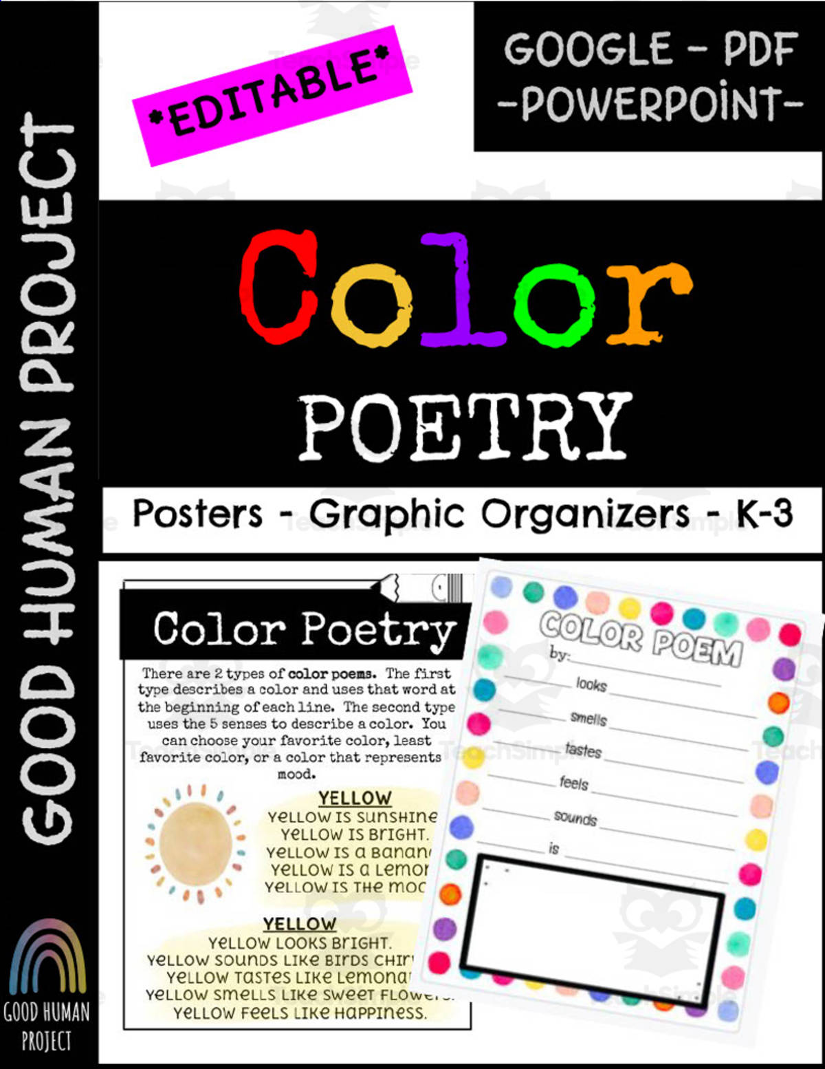 An educational teaching resource from Good Human Project entitled Color Poetry Writing | Posters & Graphic Organizers downloadable at Teach Simple.