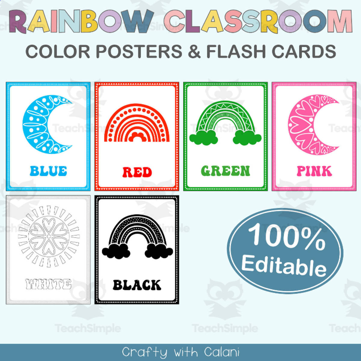 An educational teaching resource from Crafty with Calani entitled Color Poster Classroom Decor in Pastel Rainbow Theme - 100% Editable downloadable at Teach Simple.