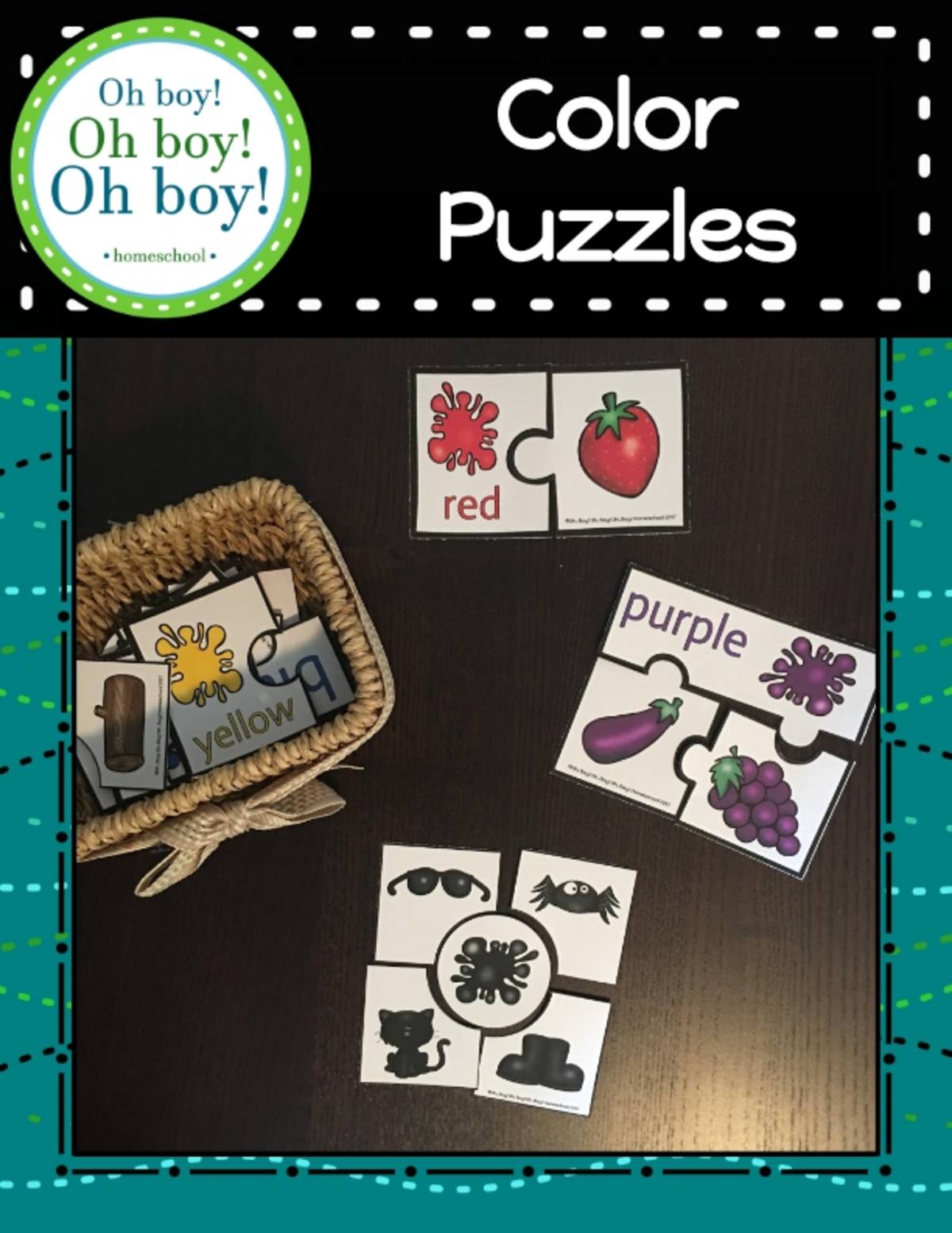 An educational teaching resource from Oh Boy Homeschool entitled Color Puzzles downloadable at Teach Simple.