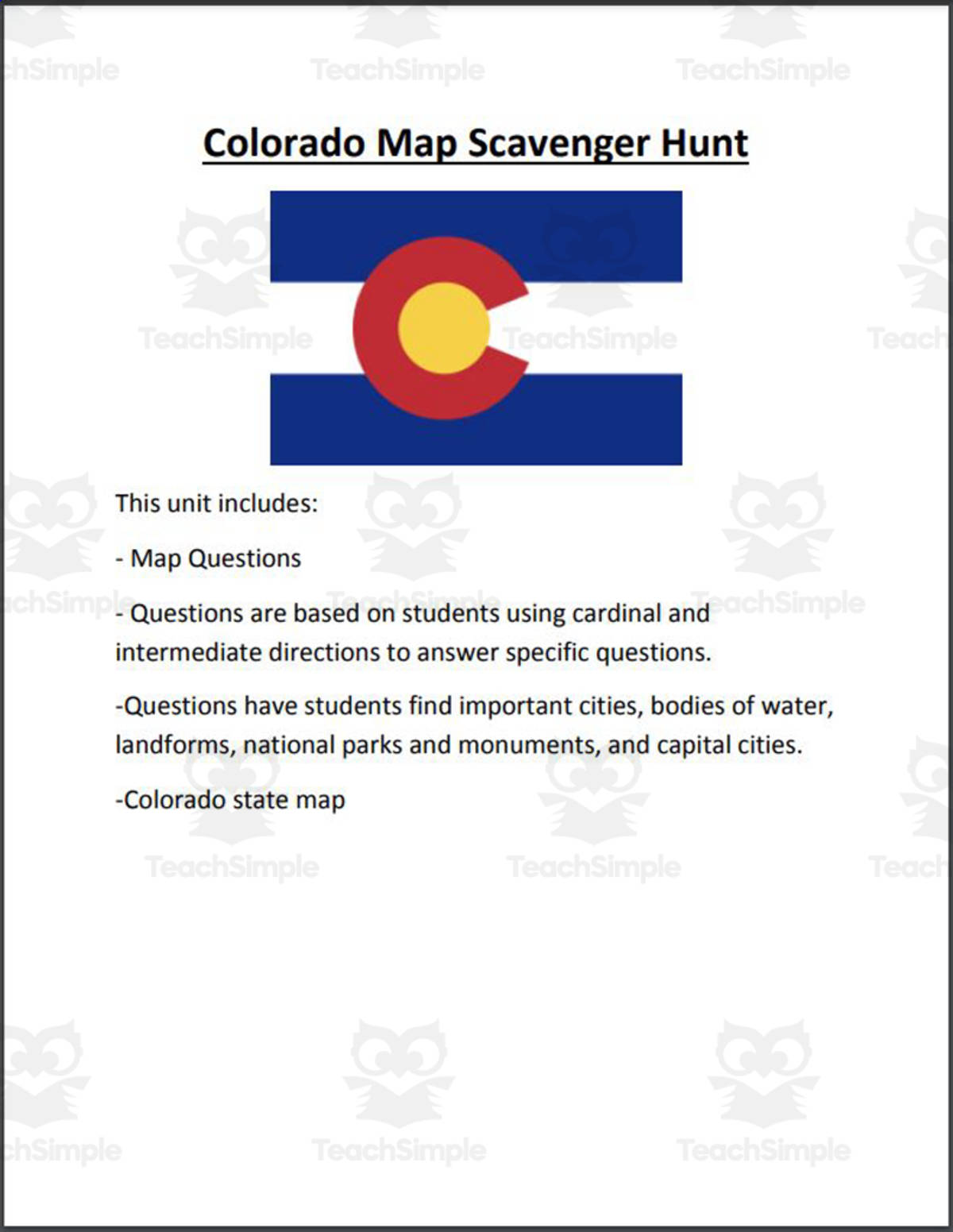 An educational teaching resource from Mr. Matthews Teacher Store entitled Colorado Map Scavenger Hunt downloadable at Teach Simple.
