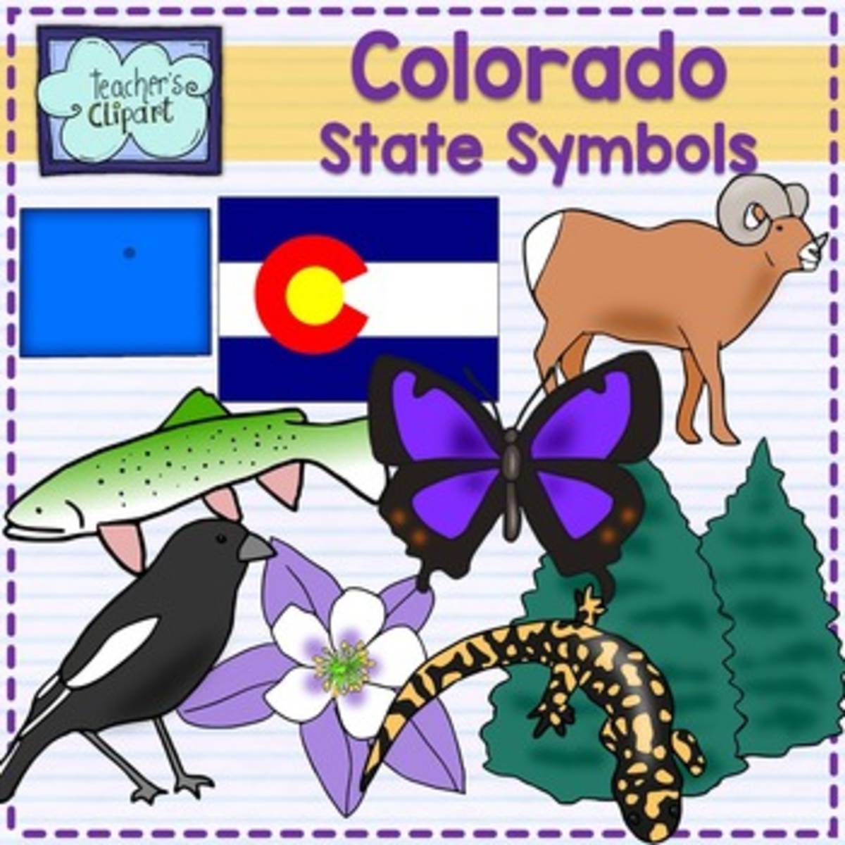 An educational teaching resource from Teacher's Clipart entitled Colorado State Symbols Clip Art – 8 Visuals + Flag downloadable at Teach Simple.